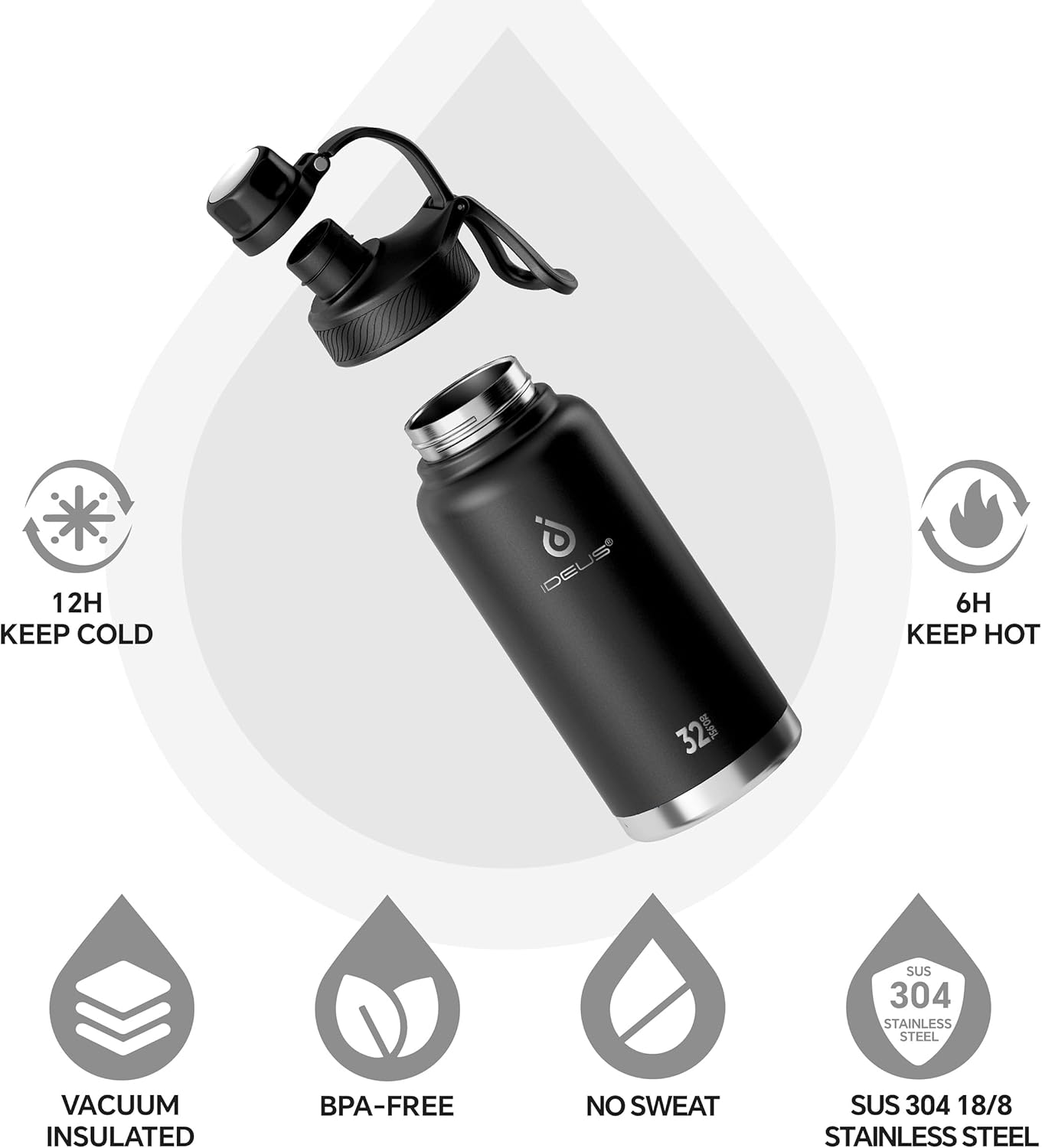 IDEUS Insulated Stainless Steel Water Bottle with 2 Leak-Proof Lids, Thermal Water Flask for Hiking Biking, 32oz, Black