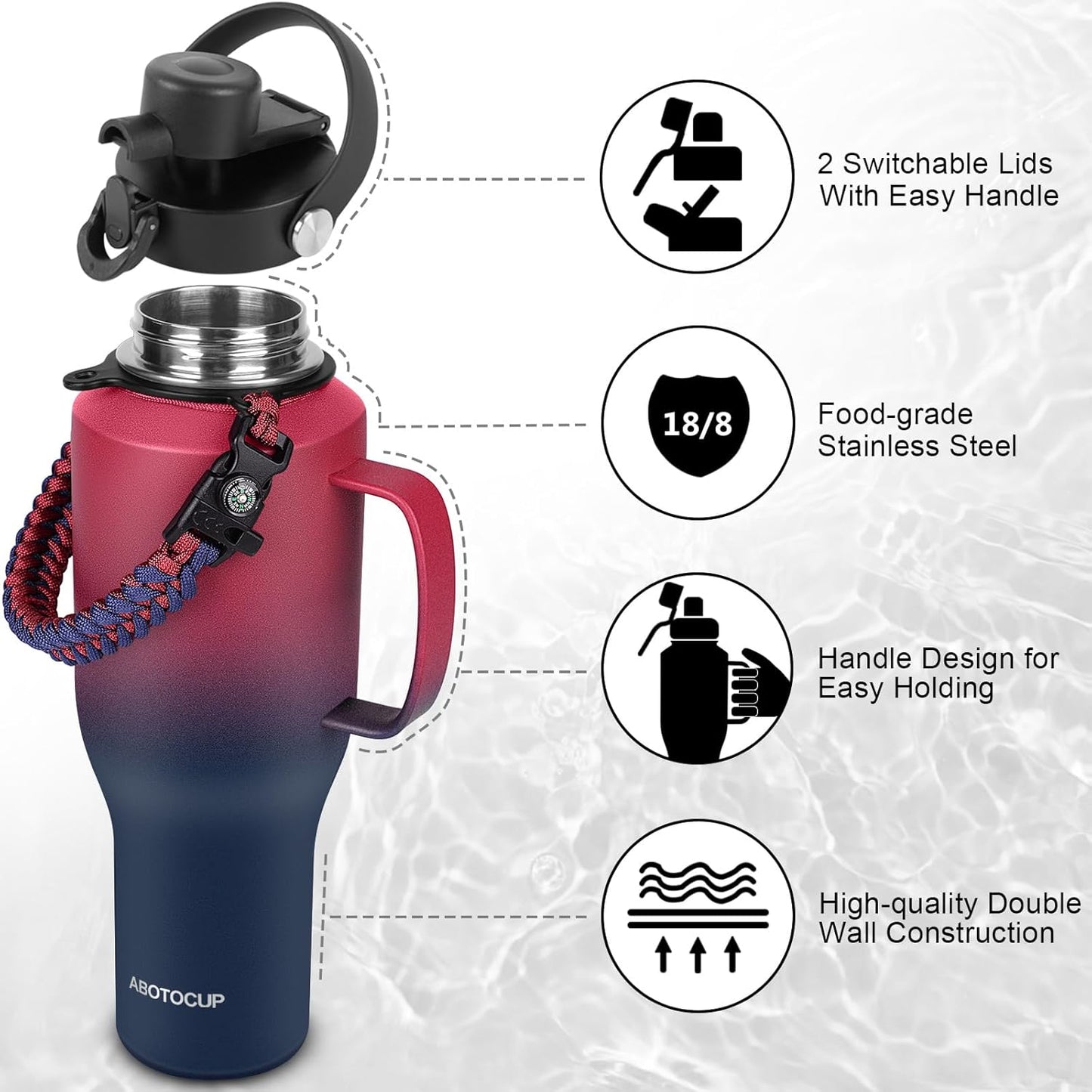 Water Bottle 40oz, Insulated Tumblers with Handle & Straw Lid, Insulated Water Bottle Fits in Cup Holder, Double Wall BPA-Free, Stainless Steel Travel Cup Leak-proof to Keep Cold 24H&Hot12H
