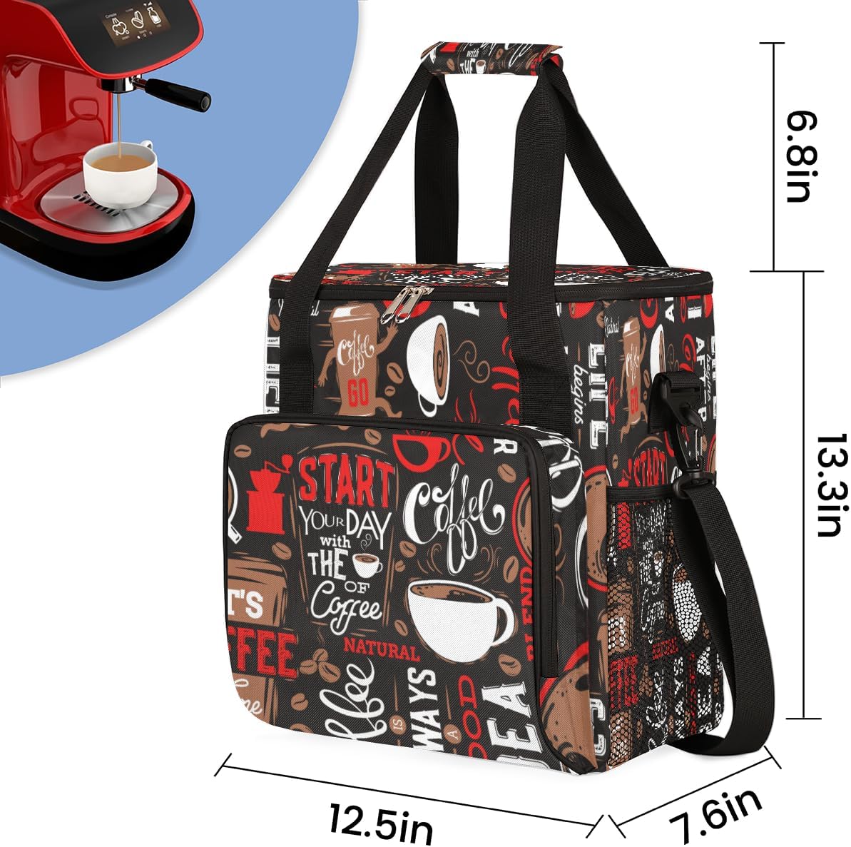 Red Start Day With Coffee Coffees Maker Carrying Bag Coffee Machine Travel Storage Tote Bag Compatible with K-Mini or K-Mini Plus, Portable Single Serve Coffees Brewer Case with Pockets for K-Cup Pods
