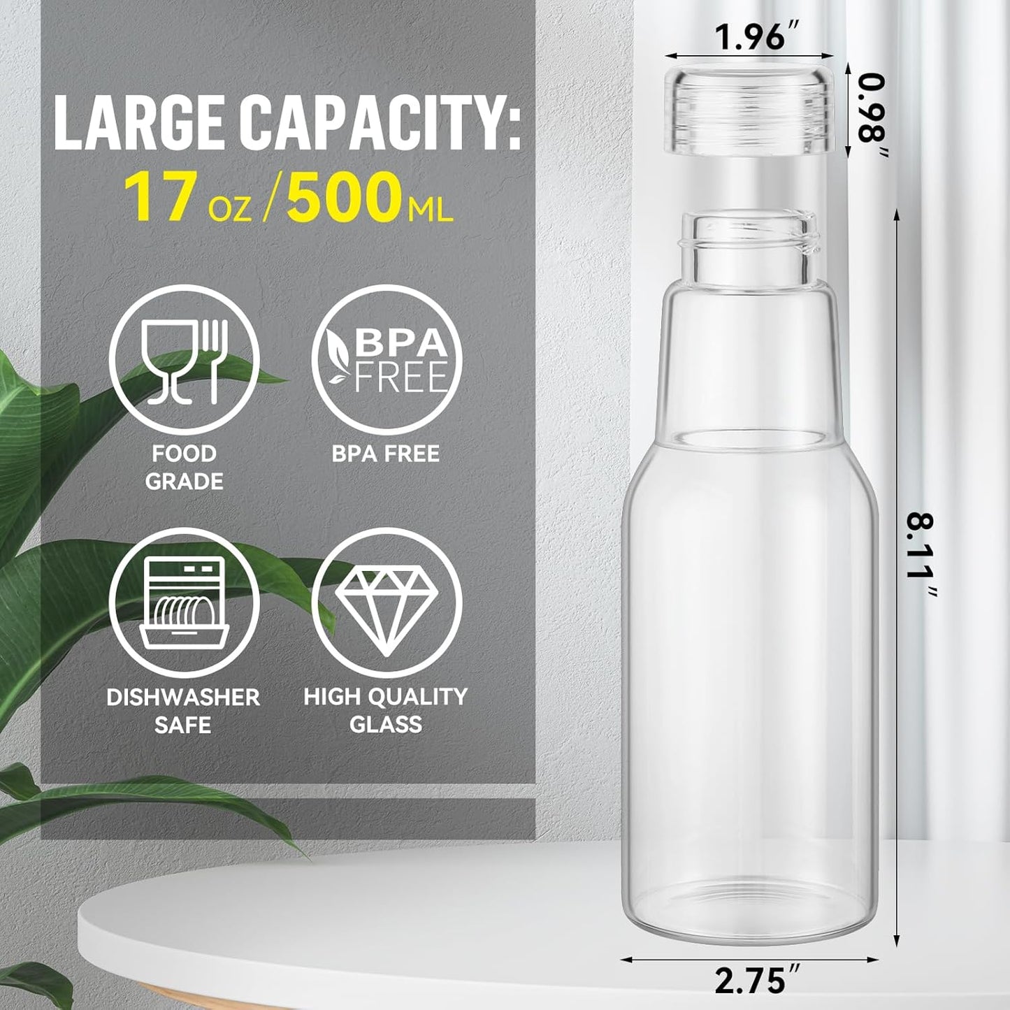 17 Oz Glass Juice Bottles with Lids, Glass Bottles, BPA Free, Borosilicate Glass for Juicing, Smoothies, Infused Water, Beverage Storage, Shaker Bottles (4 Pack)