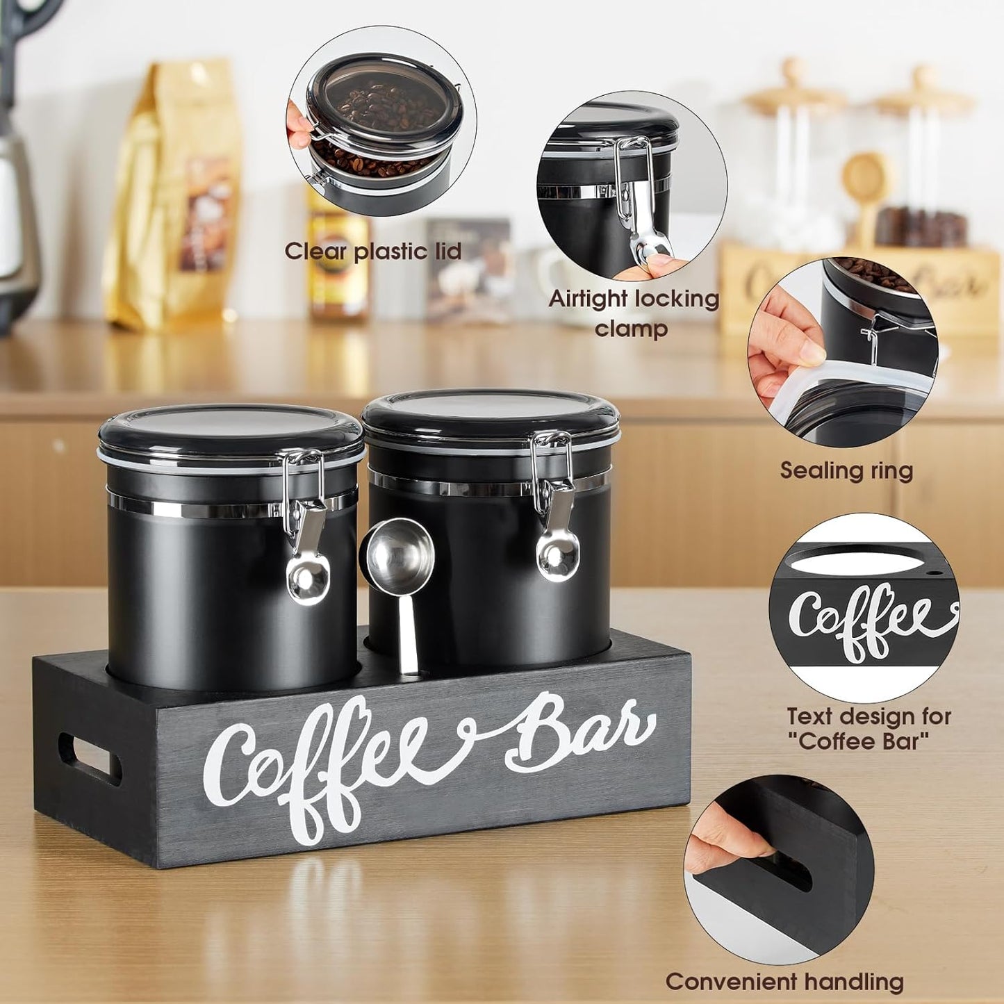 Yangbaga 2 x 63OZ Stainless Steel Coffee Canisters with Handle Shelf, Airtight Locking Clamp & Scoop, Food Storage Jars for Kitchen