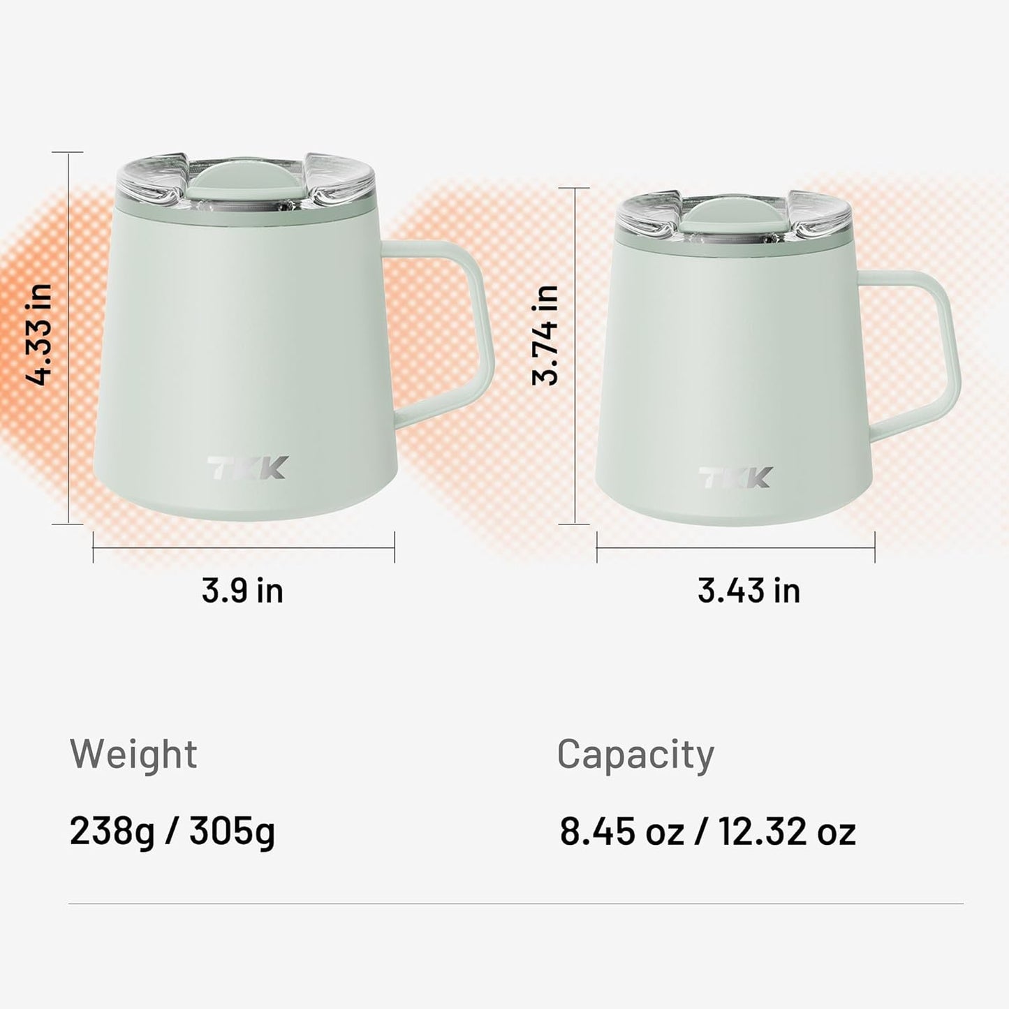 TKK 12 oz Insulated Coffee Mug with Handle Ceramic Coating Detachable Slider Lid Stainless Steel Tumbler Double Wall Vacuum Travel Cup