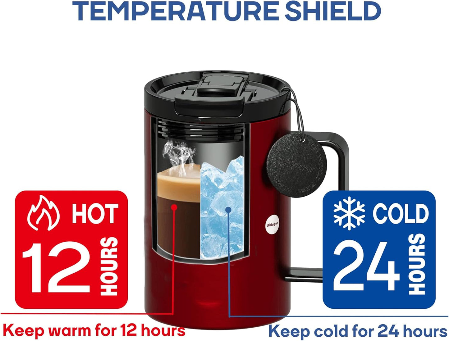 Sidagar+ 18 OZ z Stainless Steel Insulated Coffee Mug with Handle and Lid, Double Wall Vacuum Travel Mug, Tumbler Cup with Sliding Lid, Resuable Insulated Coffee Tumbler, Red