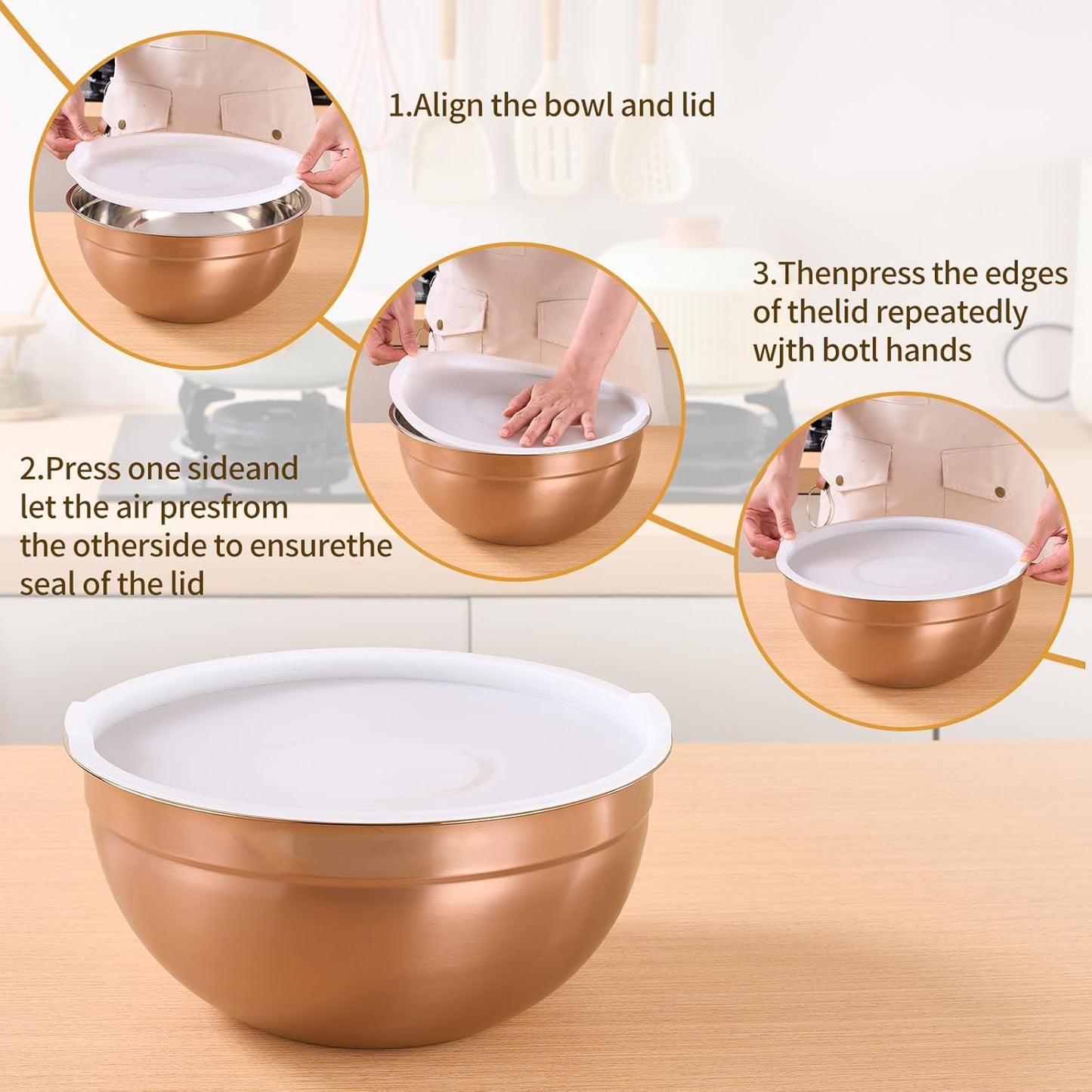 Rose Gold Mixing Bowls With Airtight Lids,Stainless Steel Bowl,Salad Bowls 5 Piece Colorful Nesting Bowl Rose Gold Kitchen Accessories,Size 5.5,3.6,2.7,2.1,1.5QT Stackable Design