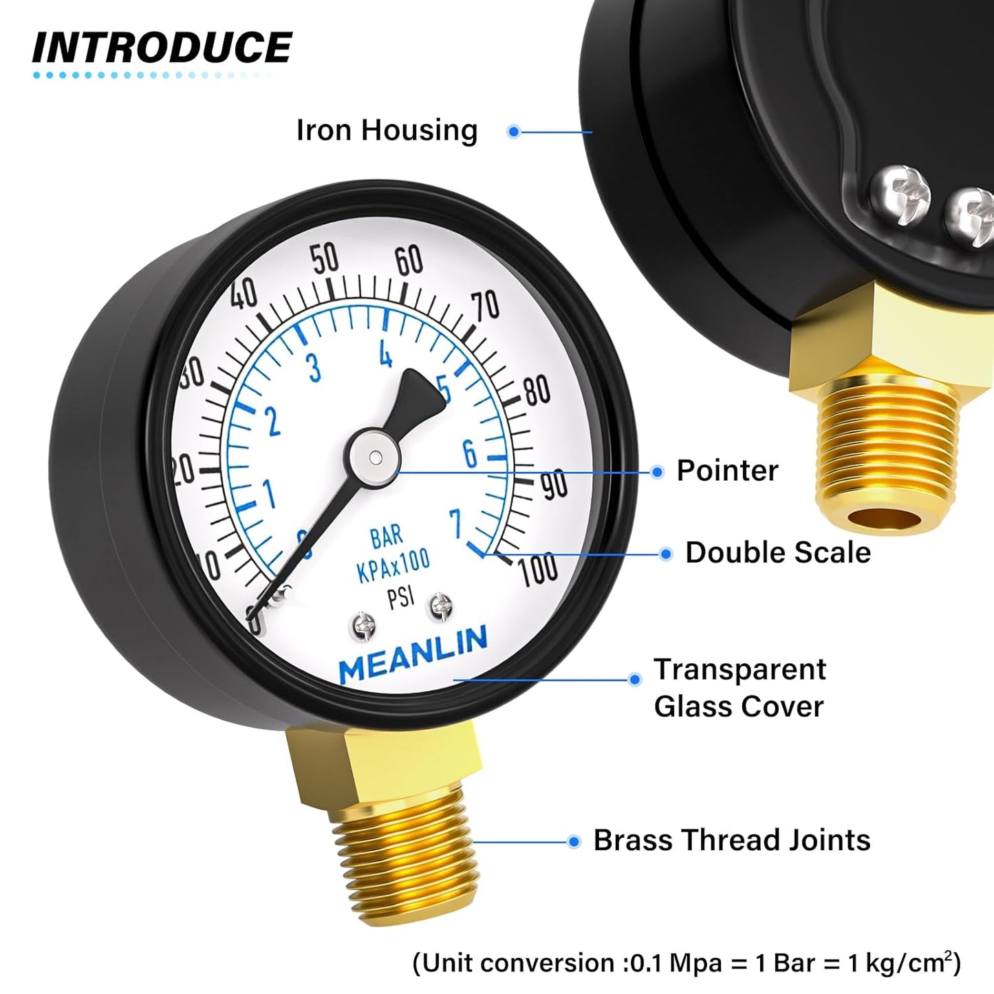 MEANLIN MEASURE 0-100Psi Well Pump Pressure Gauge 1/4" NPT 2" FACE DIAL for Well Pump Water Tire Water Pressure Tester Lower Mount, with Teflon Tape