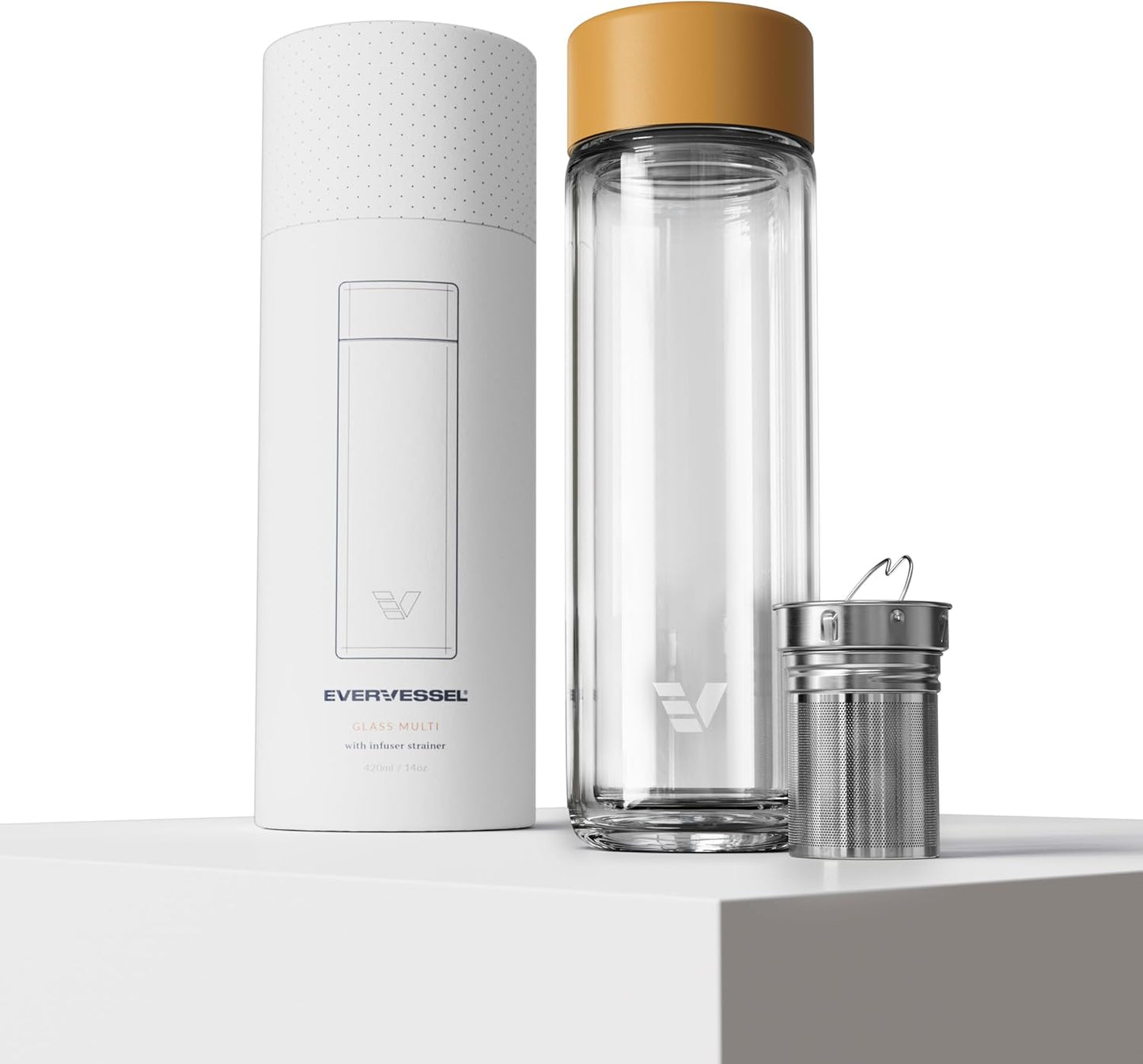 Glass Multi Tea Infuser Bottle 14oz - Double Wall Borosilicate Glass Flask | No Plastic Touches Contents | Perfect for Office or Home - Yellow