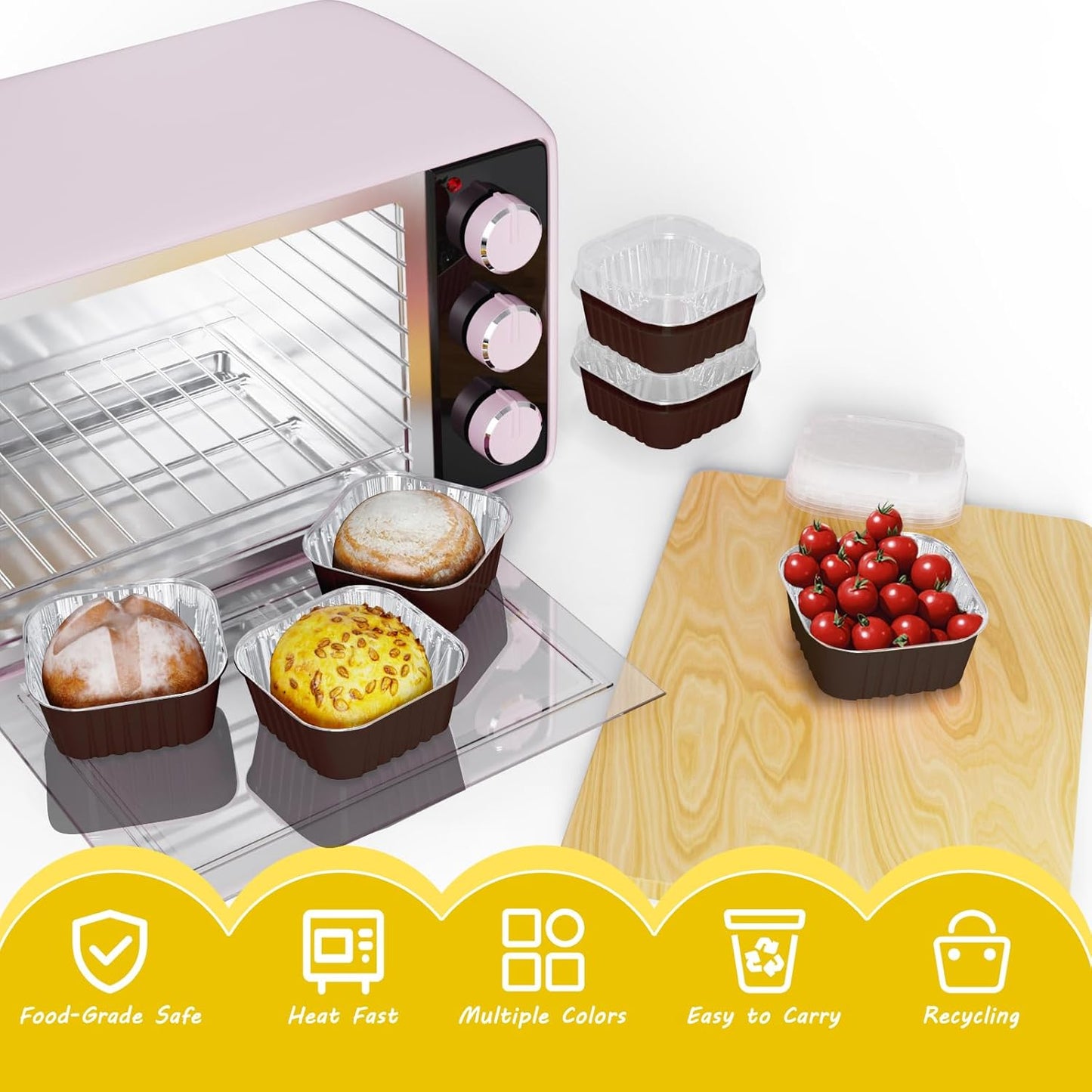 50 Pack Square Mini Cake Pans with Lids,Mini Loaf Pans with Lids,Aluminum Foil Baking Cups,Disposable Ramekins Cupcake Cups,Dessert Cups for Wedding Birthday Party Picnics,5oz (Coffee)