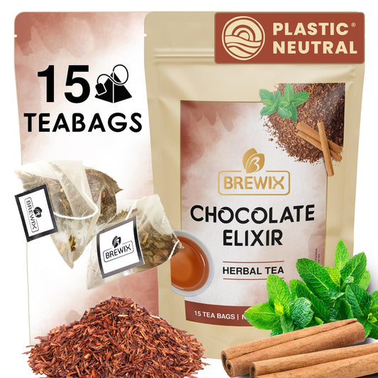 BREWIX, Chocolate Rooibos Herbal Tea Bags, (15 Pyramid Tea Bags) | Red Tea with Cocoa | Rooibos, Cinnamon, Spearmint, Peppermint Tea | Naturally Caffeine-Free