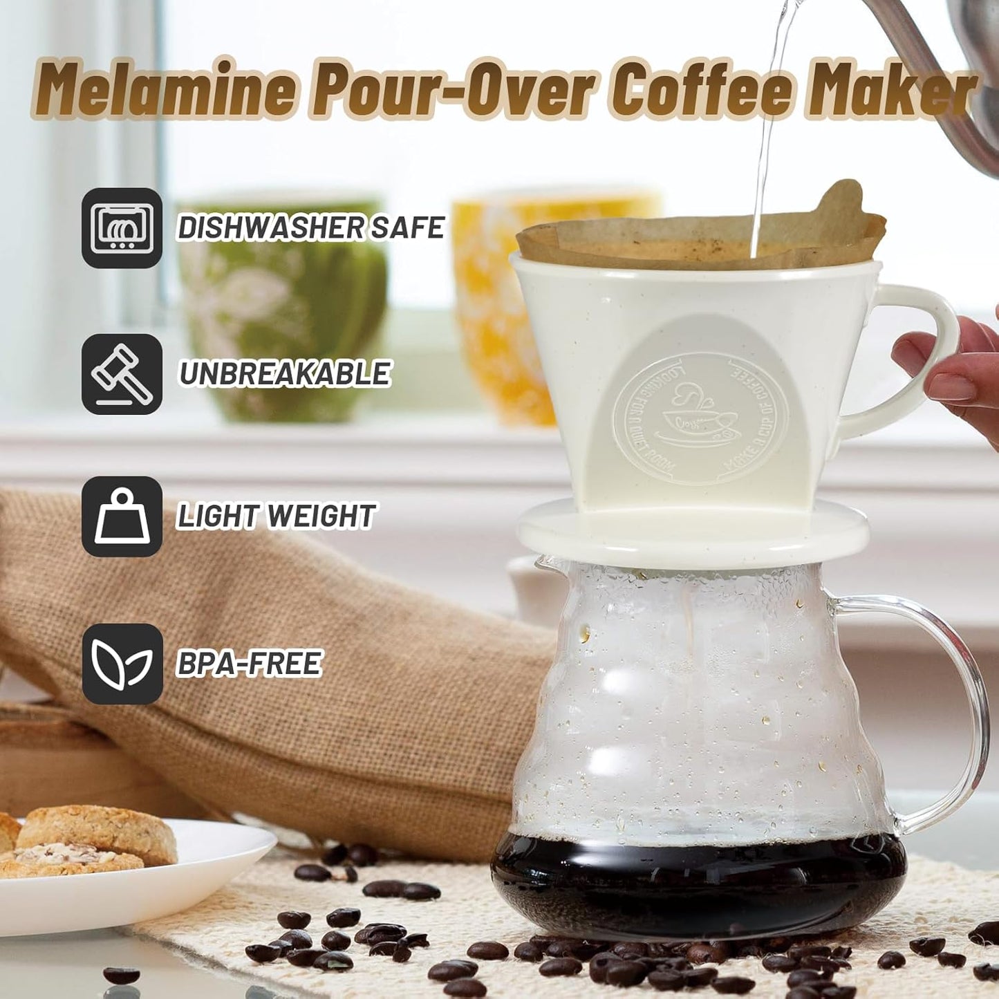 Melamine Pour Over Coffee Maker with 3 Drip Holes, Pour Over Coffee Dripper For Camping, Home, Café, Size 02 (White)