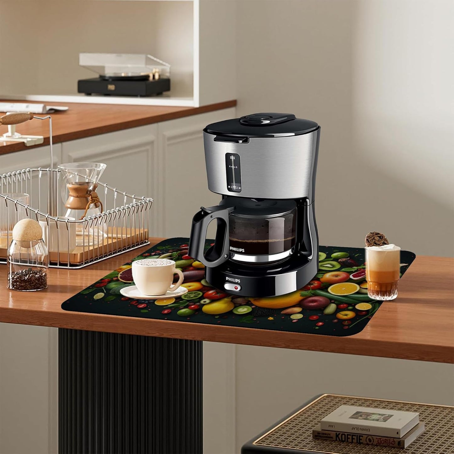 Kitchen Mat Fruits Vegetables Dish Drying Mat 12"x19" Bsorbent Coffee Maker Mat for Sink Dishes or Under Rack Kitchen Counter Accessories Absorbent Hide Stain Rubber Backed Dish Drying Pad