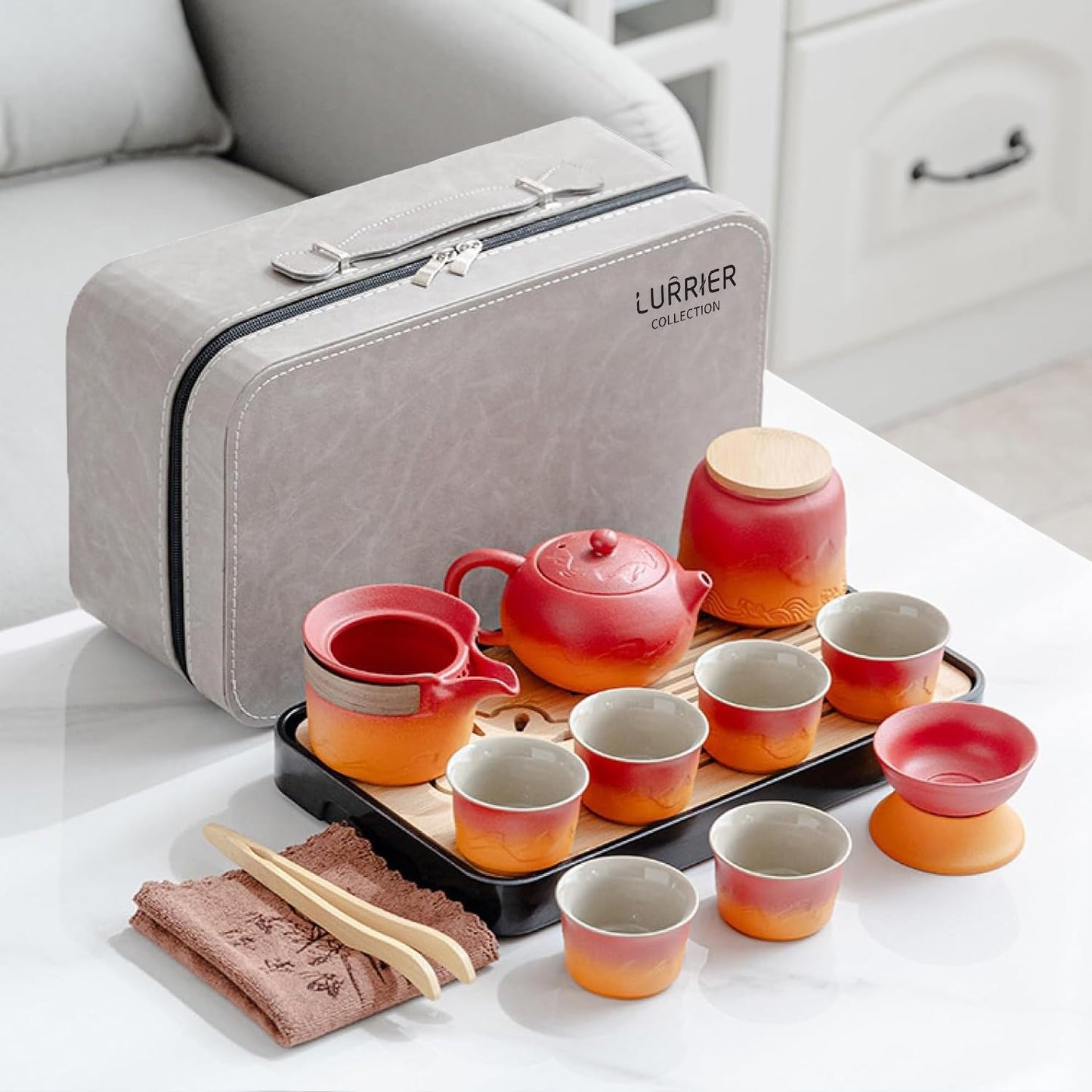 LURRIER Gongfu tea sets, Portable Ceramic TeaSet, Asian Tea sets for adult, Tea Gift sets, Grey leather case, Portable Travel Bag,Home,Gifting,Outdoor and Office(XRed and Orange)