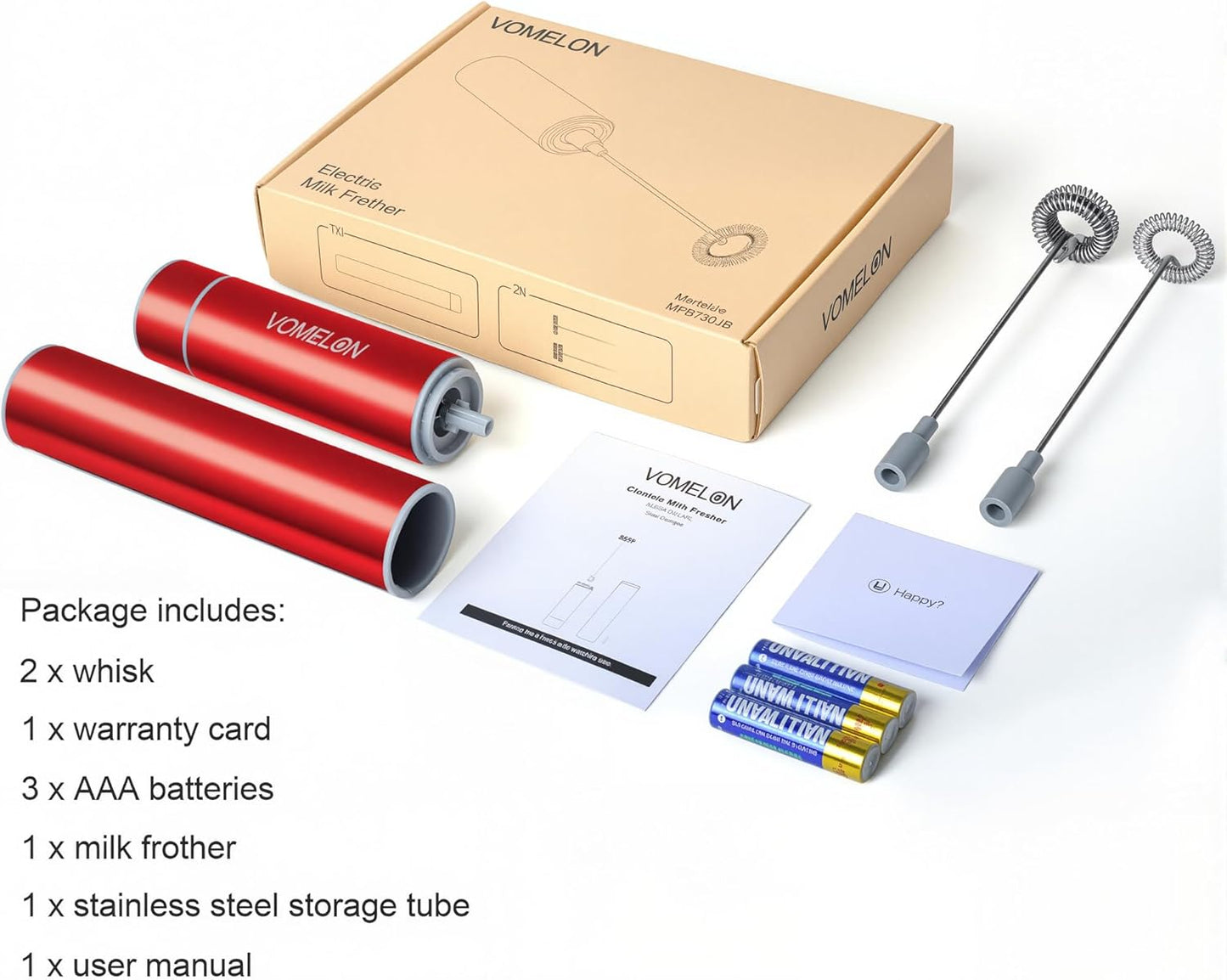 Milk Frother Handheld, Battery Operated Coffee Foamer Drink Mixer with 2 Stainless Steel Electric Whisks for Coffee, Latte, Cappuccino, Hot Chocolate, Protein， Batteries Included, Ruby Red