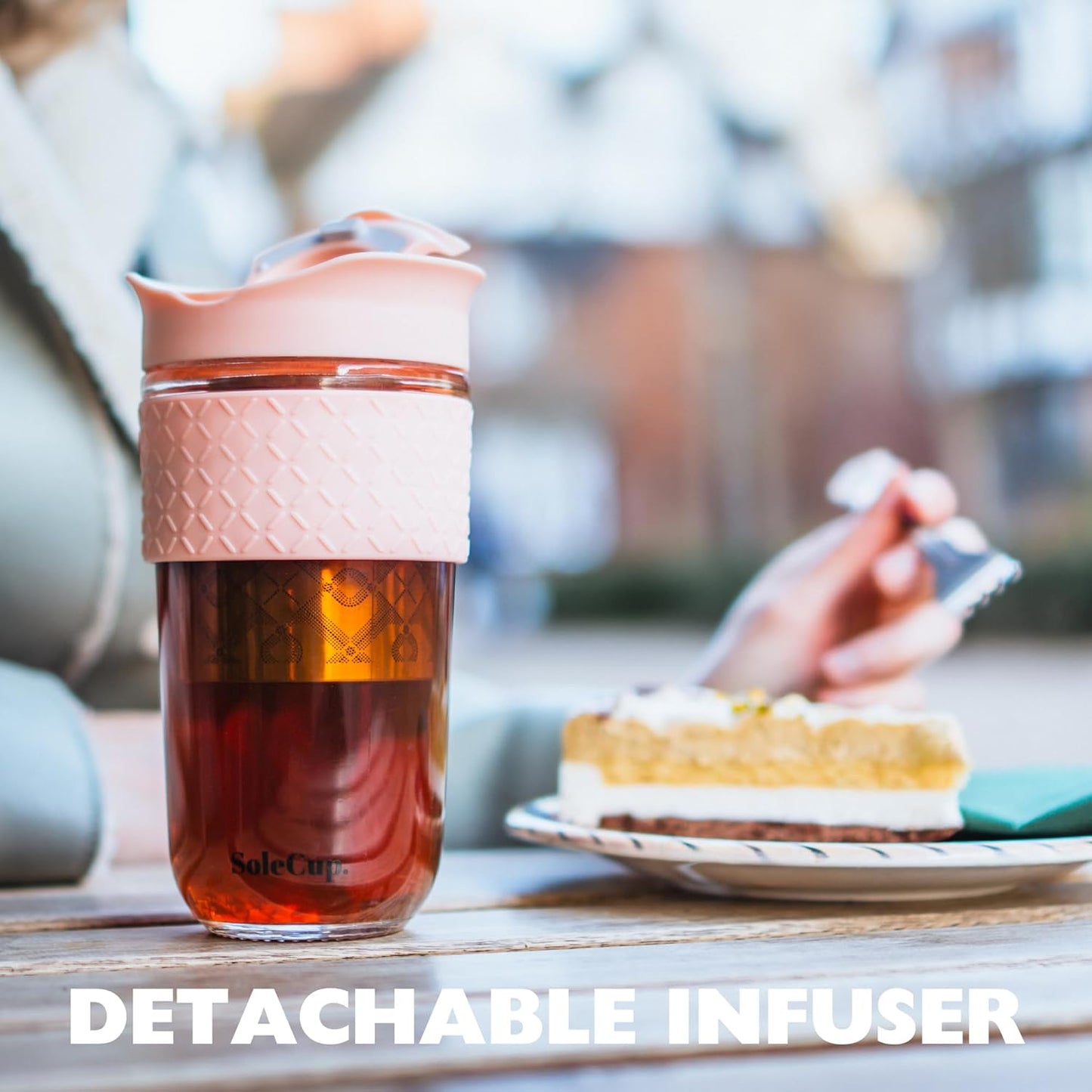 Large Travel Mug Loose Tea Infuser - Detachable Tea Strainer with Spill Proof Lid - 18oz/530ml BPA-Free Reusable Glass Travel Coffee Cup with Silicone Band (Pink) (Pink)