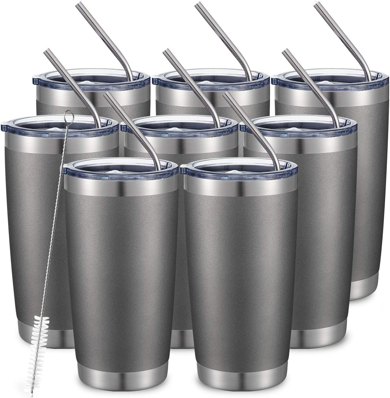 COMOOO 20oz/8Pack Tumbler Double Wall Vacuum Insulated Coffee Travel Mug Stainless Steel Tumbler with Lid and Straw Coffee Cup for Cold & Hot Drinks, Home and Outdoor (Cold Grey, 8 Pack)