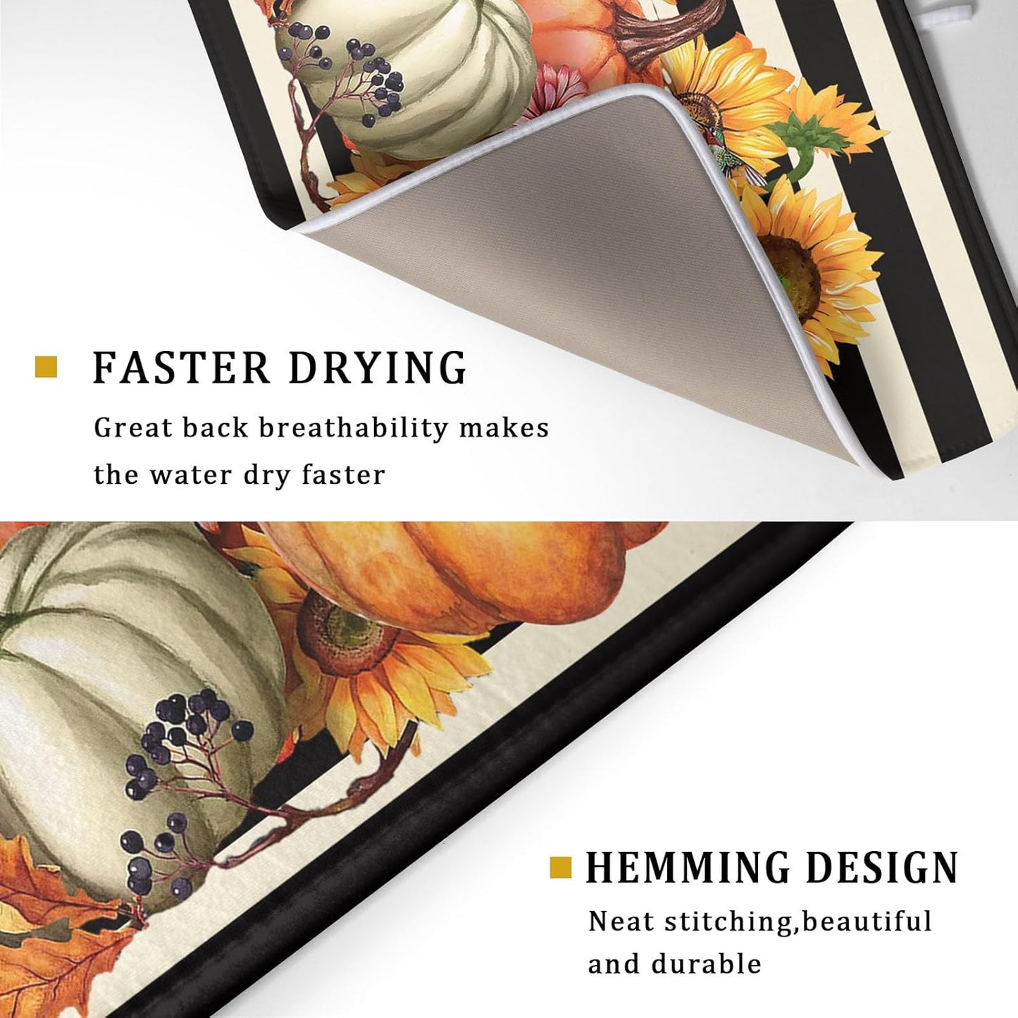 Sunflower Pumpkin Dish Drying Mat for Kitchen Counter,Black and White Stripe Drying Mat 18 x 24 Inch with Absorbent Reversible Microfiber Dish Drying Pad Dish Rack Drainer Mat for Coffee Bar