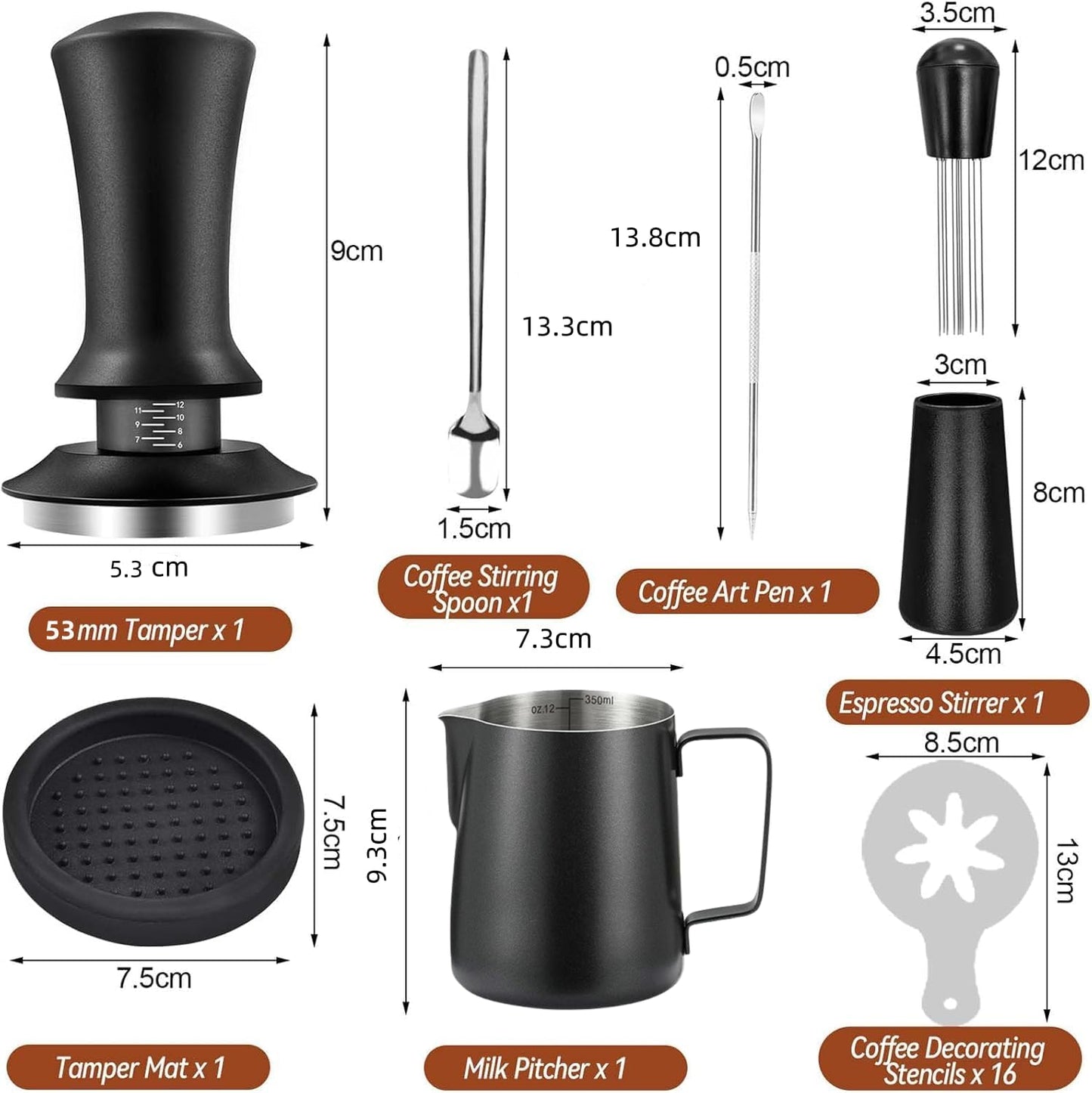 22 PCS Espresso Accessories Kit，53mm Coffee Tamper Set ，Barista Kit - with Frothing Pitcher WDT Tool Stirrer Tamper Mat Coffee Stencils Latte Art Pen