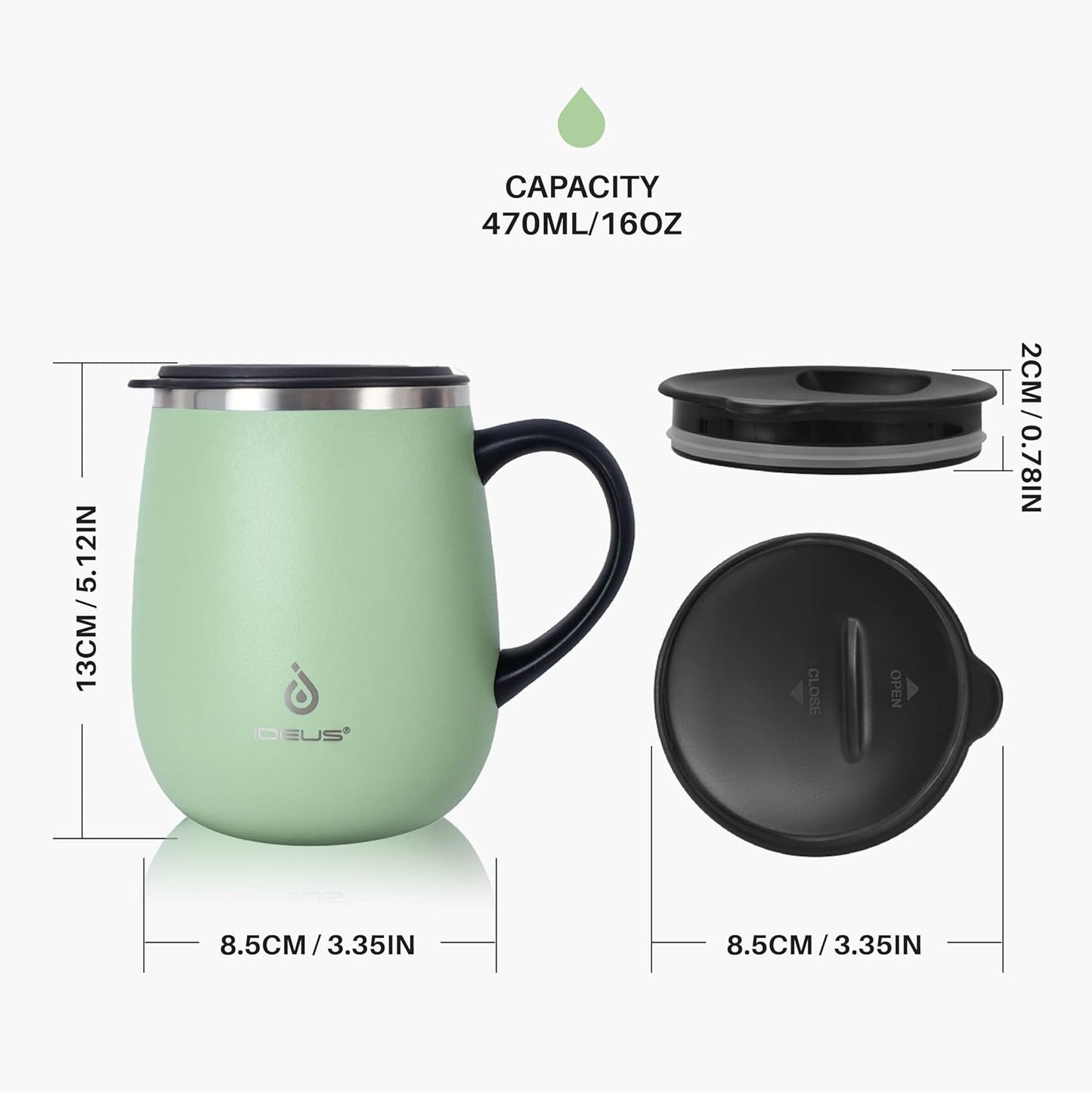 Ideus 16 oz Insulated Coffee Mug with Handle and Lid, Double Wall Stainless Steel Vacuum Thermal Coffee Mug, Travel Coffee Cup Thermal Cup for Home and Office, Avocado Green
