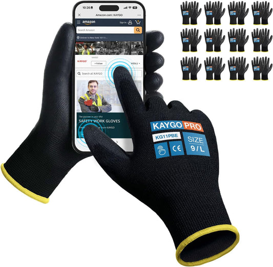KAYGO Safety Work Gloves PU Coated for Men and Women, 12 Pairs KG11PB, Seamless Knit Glove with Two Fingers Touchscreen, breathable and lightweight Ideal for General Duty Work (Large,Black)