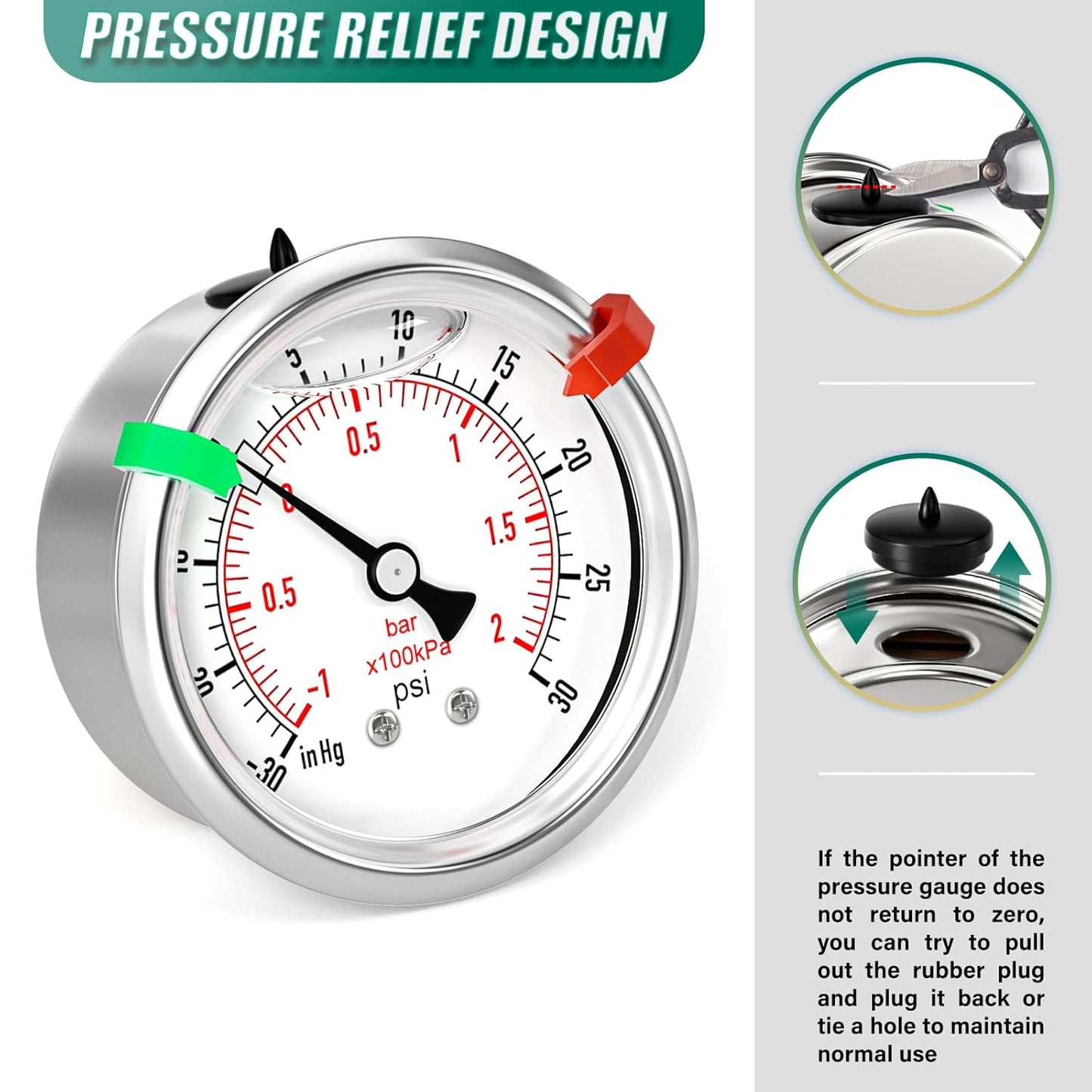 -30inHG-30psi Stainless Steel Glycerin Liquid Filled Vacuum Pressure Gauge 1/4" NPT 2.5" Face Dial Center Back Mount, for Water, Oil and Air Pressure Testing (with Range Mark Pointer)