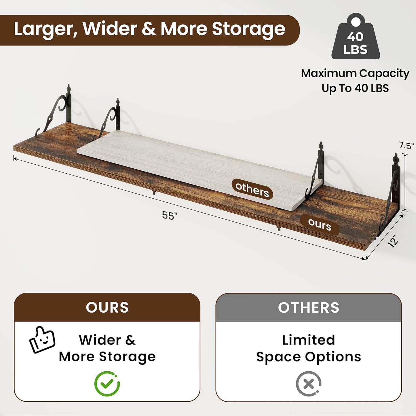 RICHFOCUS 12 Inch Deep Floating Shelves for Wall, 55" W x 12" D Wood Wall Shelves Set of 2, Wide Floating Shelves for Living Room, Bedroom, Kitchen, Bathroom and Decor Storage, Rustic Brown