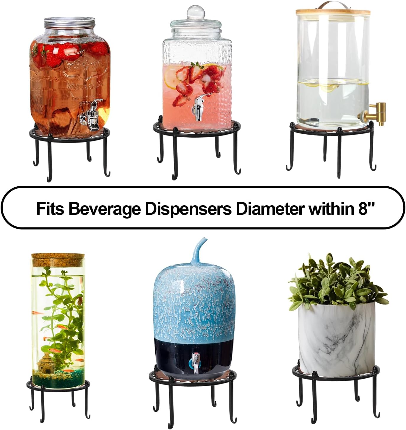 Heavy-duty Metal Beverage Drink Dispensers Stand, Drinking Crock Cold Water Glass Container Holder, Countertop Rack Base for Juice Lemonade Dispenser Mason Jar, Max Diameter 8", Black