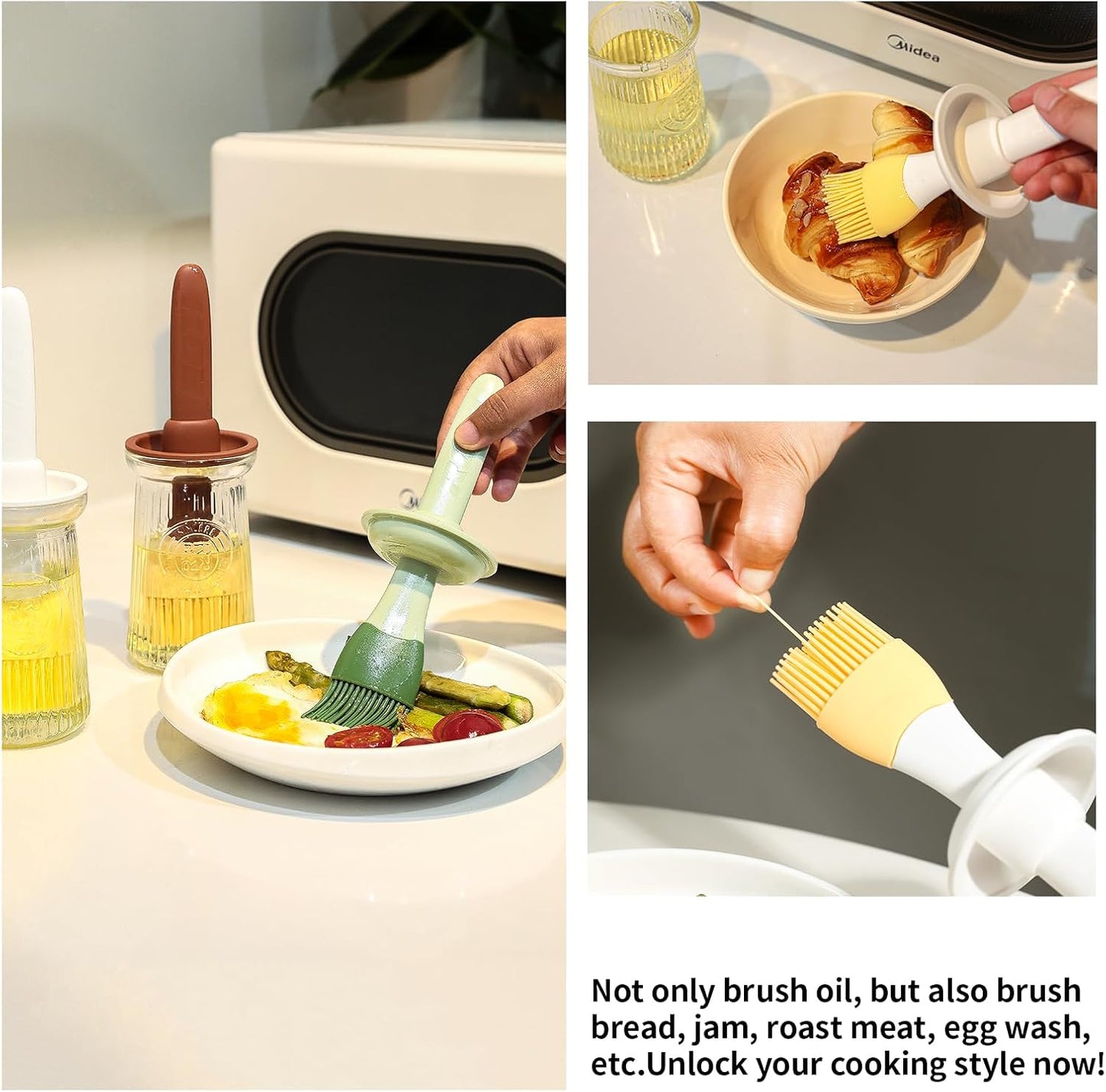 Oil Dispenser with Brush - Glass Olive Oil Dispenser for Kitchen, 3 IN 1 Oil Dispenser Bottle with Silicone Basting Brush for Cooking Vinegar Sauce BBQ Grill Frying (Green)