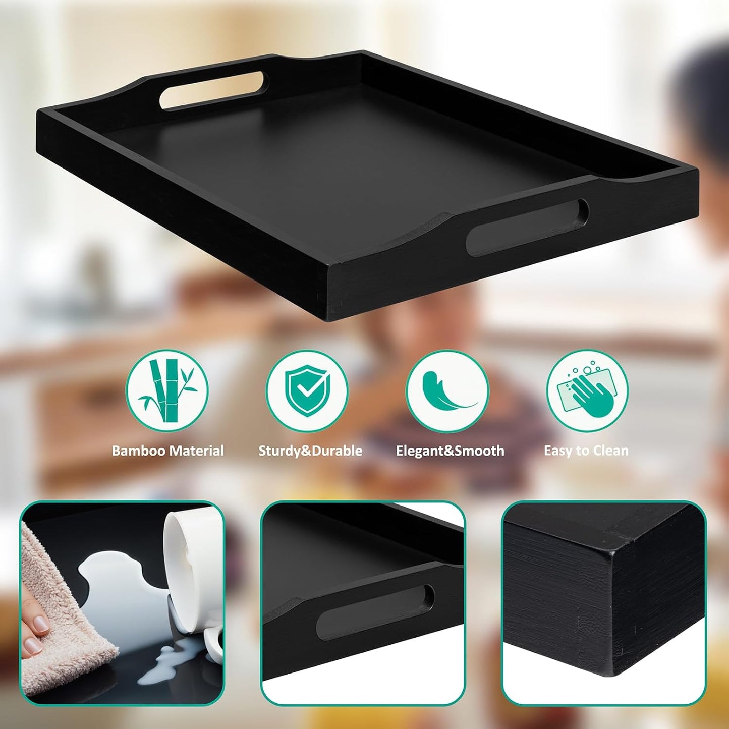 Bamboo Food Serving Tray with Handles, Breakfast Bed Tray for Tea,Snack,Dinner, Home Decorative Storage Food, Platter, Ottoman for Kitchen Counter, Bathroom, Restaurant (Black)