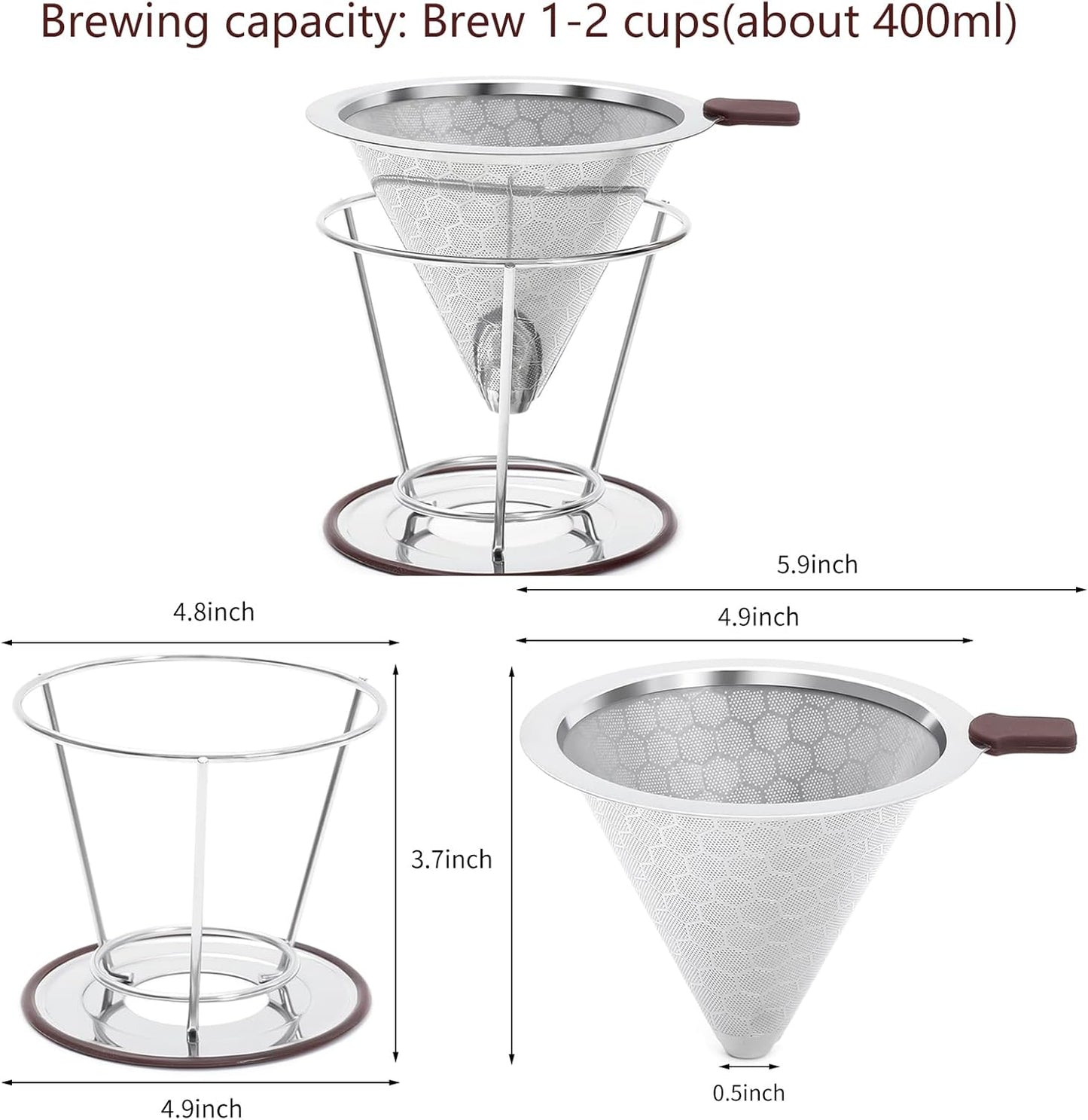 Pour Over Coffee Dripper Stainless Steel Coffee Filter Metal Cone Filter Paperless Reusable Single Cup Maker 1-2 Cup With Non-slip and Removable Cup Stand