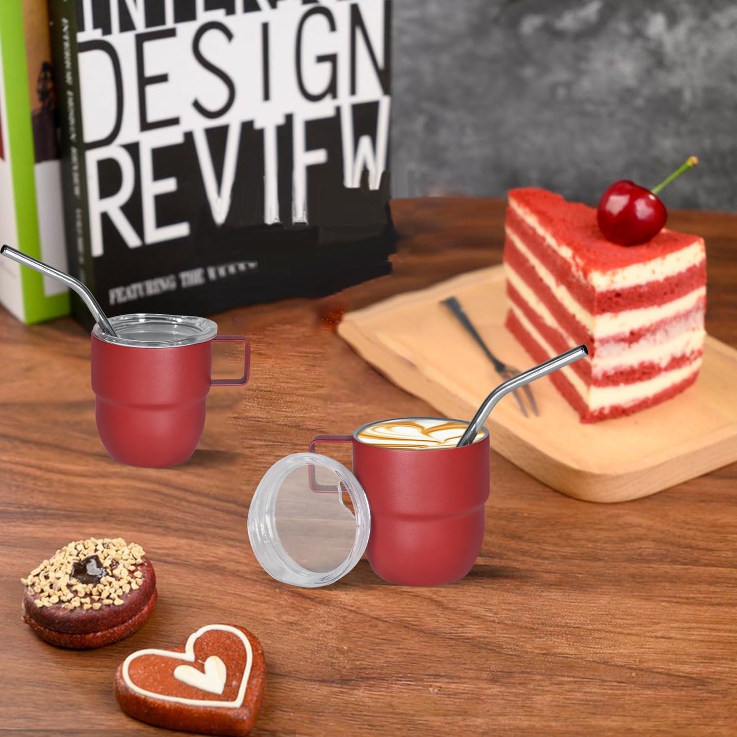 4oz Stackable Cup, Vacuum Insulated Espresso Cup Set of 2, Espresso Mug for Coffee, Double Wall Stainless Steel Mini Tumbler Shot Glasses with Straw and Lid