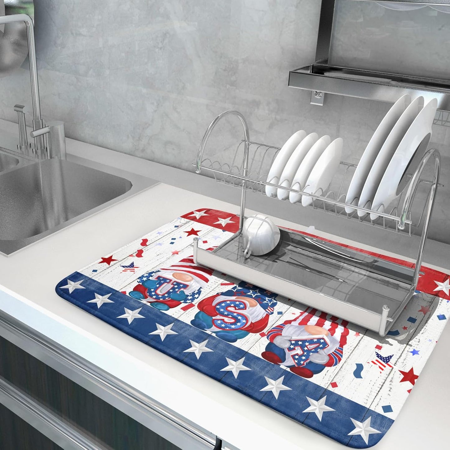 Giwawa 4th of July Gnomes Dish Drying Mat 18x24 inch Patriotic Elf Usa Stars Dish Drainer Mats Independece Day Large Microfiber Dish Drying Pad for Kitchen Countertop Holiday Decor