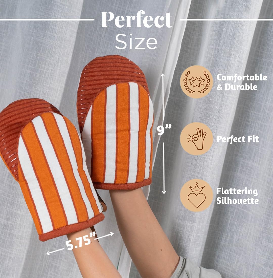 Folkulture Mini Oven Mitts Heat Resistant | (5.75x9) Set of 2 Short Orange Fall Oven Mitts with Hanging Loop | 100% Cotton Oven Gloves | Fall Essentials, Small Rust Orange Silicone Oven Mits