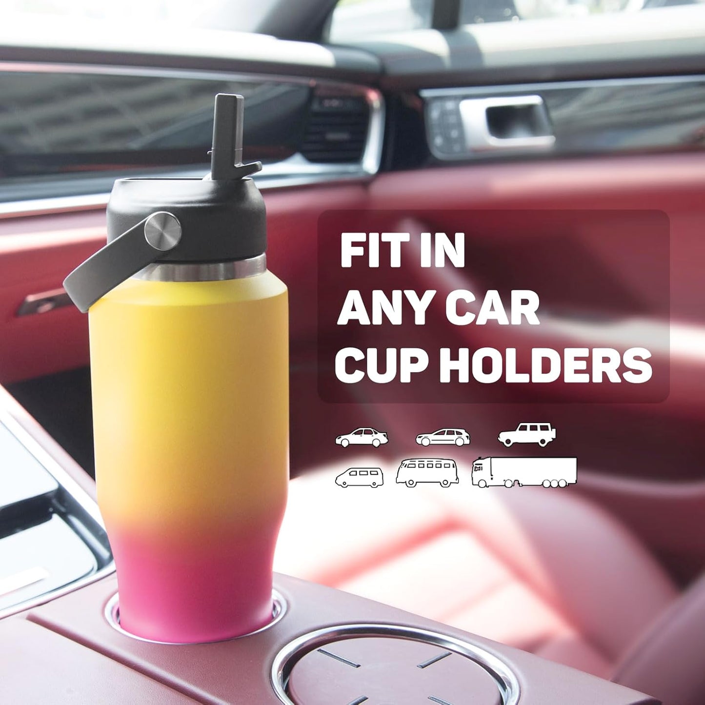 32oz Water Bottle with Powder Coated, Fit in Any Car Cup Holder, Water Bottle with Straw Lids, Stainless Steel Insulated Water Flask Double Wall Leak-proof BPA Free to Keep Cold&Hot