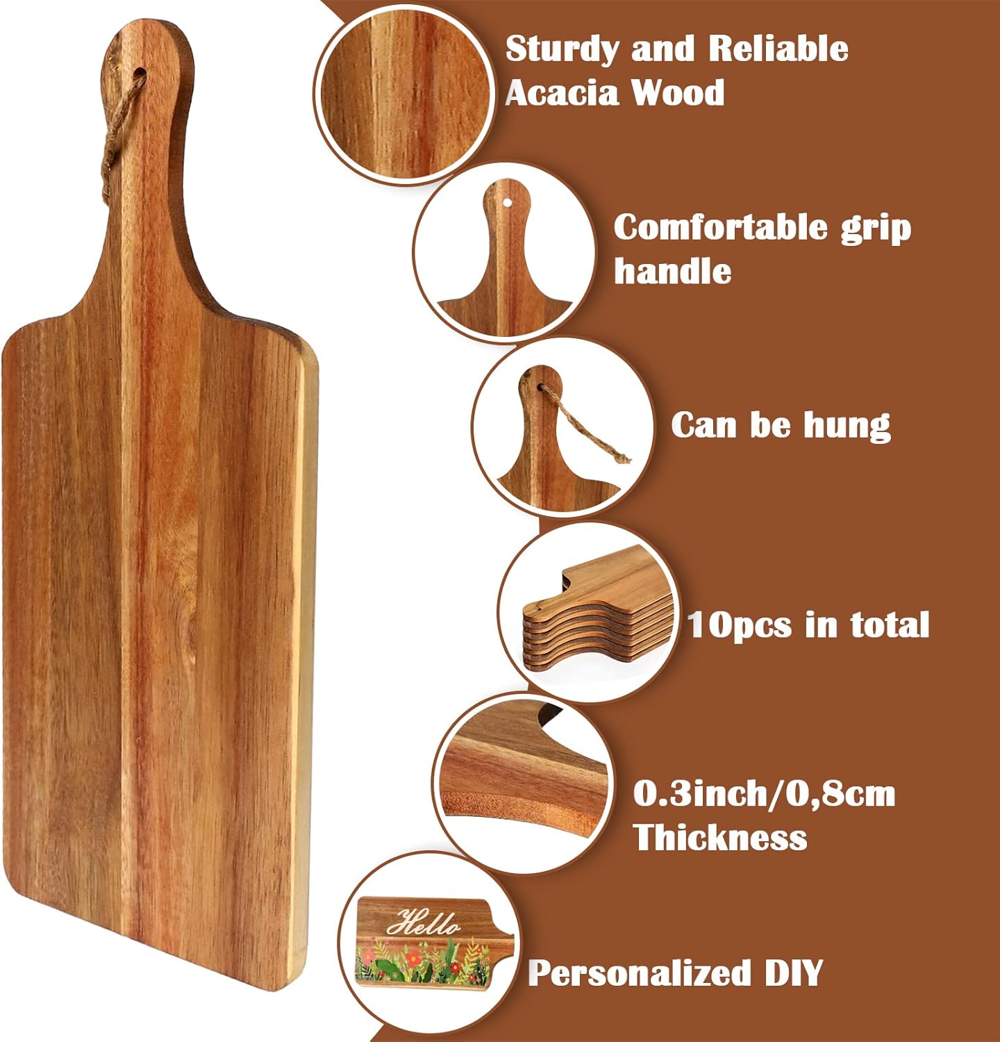 10 Packs Acacia Wood Cutting Board, 15 x 7 Inch Plain Chopping Board with Handles Large Serving Board Wooden Kitchen Cutting Board Bulk with Ropes for Vegetables Meat Pizza Cheese Fruit Bread