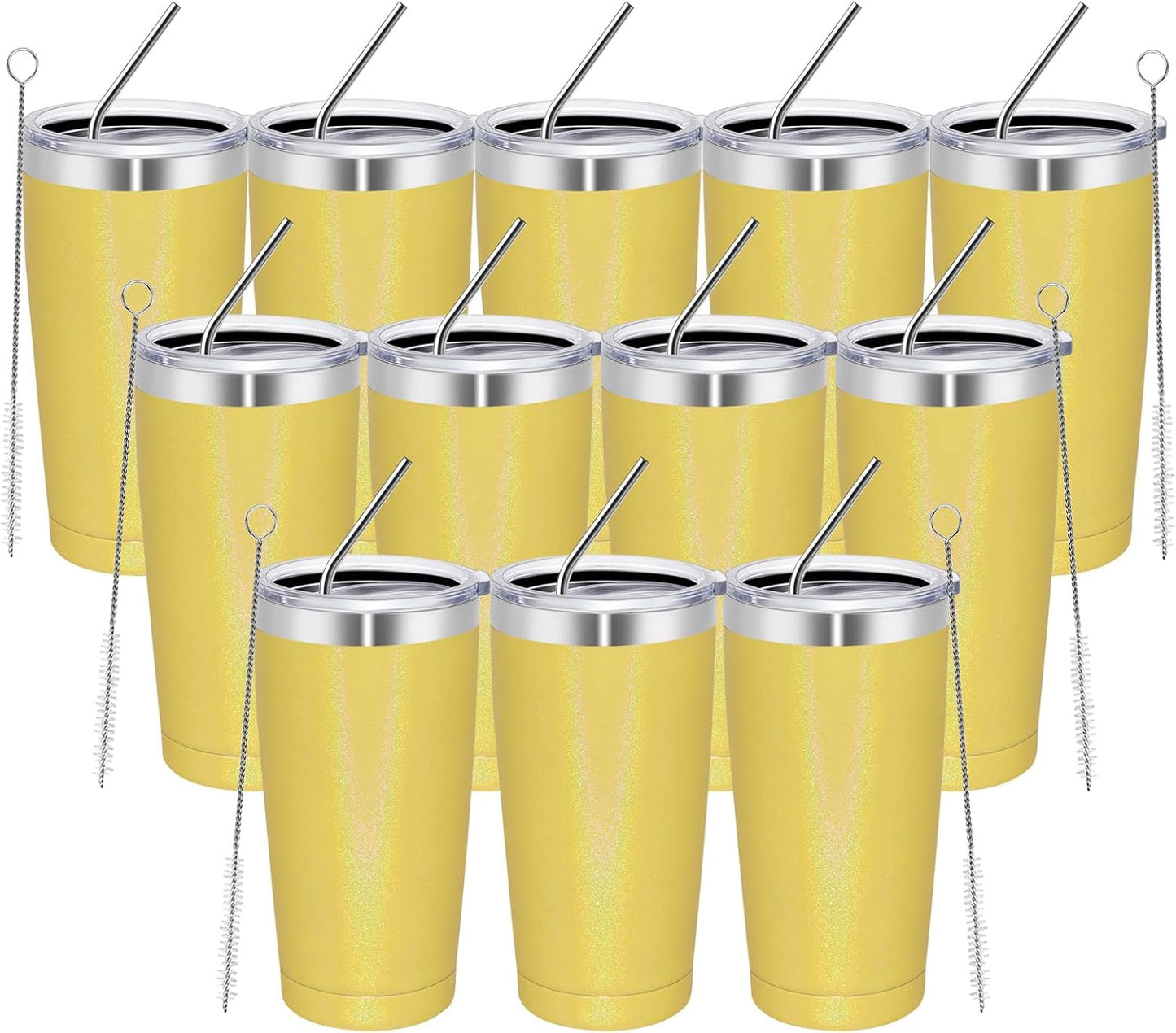 MEWAY 20oz Tumbler 12 Pack Double Wall Vacuum Insulated Travel Glitter Mug Bulk, Stainless Steel Tumblers with Lid and Straw,Powder Coated Coffee Cups for Woman(Rainbow Yellow,Set of 12)