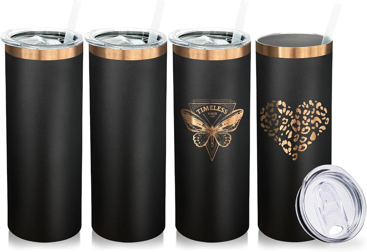 20 oz Skinny Tumblers Bulk 4 Pack, Stainless Steel Insulated Tumbler with Lids and Straws, Slim Double Wall Powder Coated Travel Coffee Mugs Reusable Cup for Hot Cold Drinks (Black,4 pack)