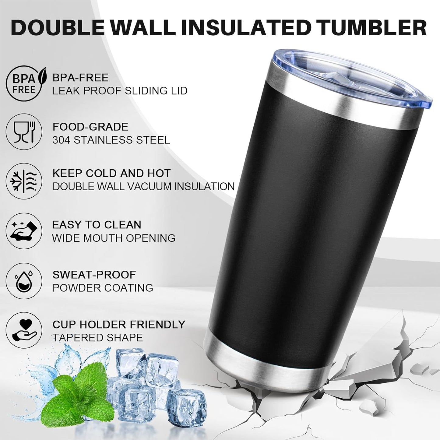 20oz Tumbler with Lid Double Wall Vacuum Insulated Travel Coffee Mug Stainless Steel Thermal Cup Powder Coated Sturdy Coffee Tumbler Bulk for Hot and Cold Beverage (Black,4)