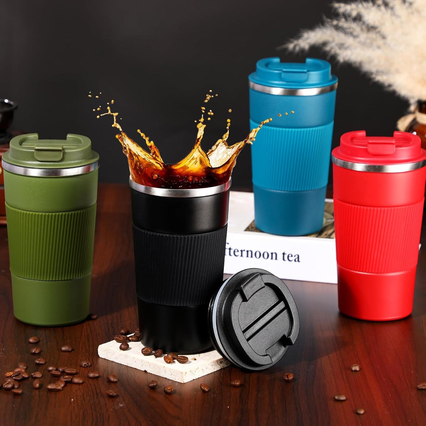 Sabary 4 Pack 16 oz Bulk Travel Coffee Mug with Lid Reusable Vacuum Insulated Coffee Tumbler Double Wall Thermal Stainless Steel Camping Tea Cup for Christmas Winter Drinks Employee Gift(Multicolor)