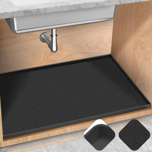 TRZZ Silicone Waterproof Under Sink Mat 34" x 19", Drip Tray and Cabinet Liner for Kitchen and Bathroom, Prevents Water Damage and Organizes Cabinets (Black)