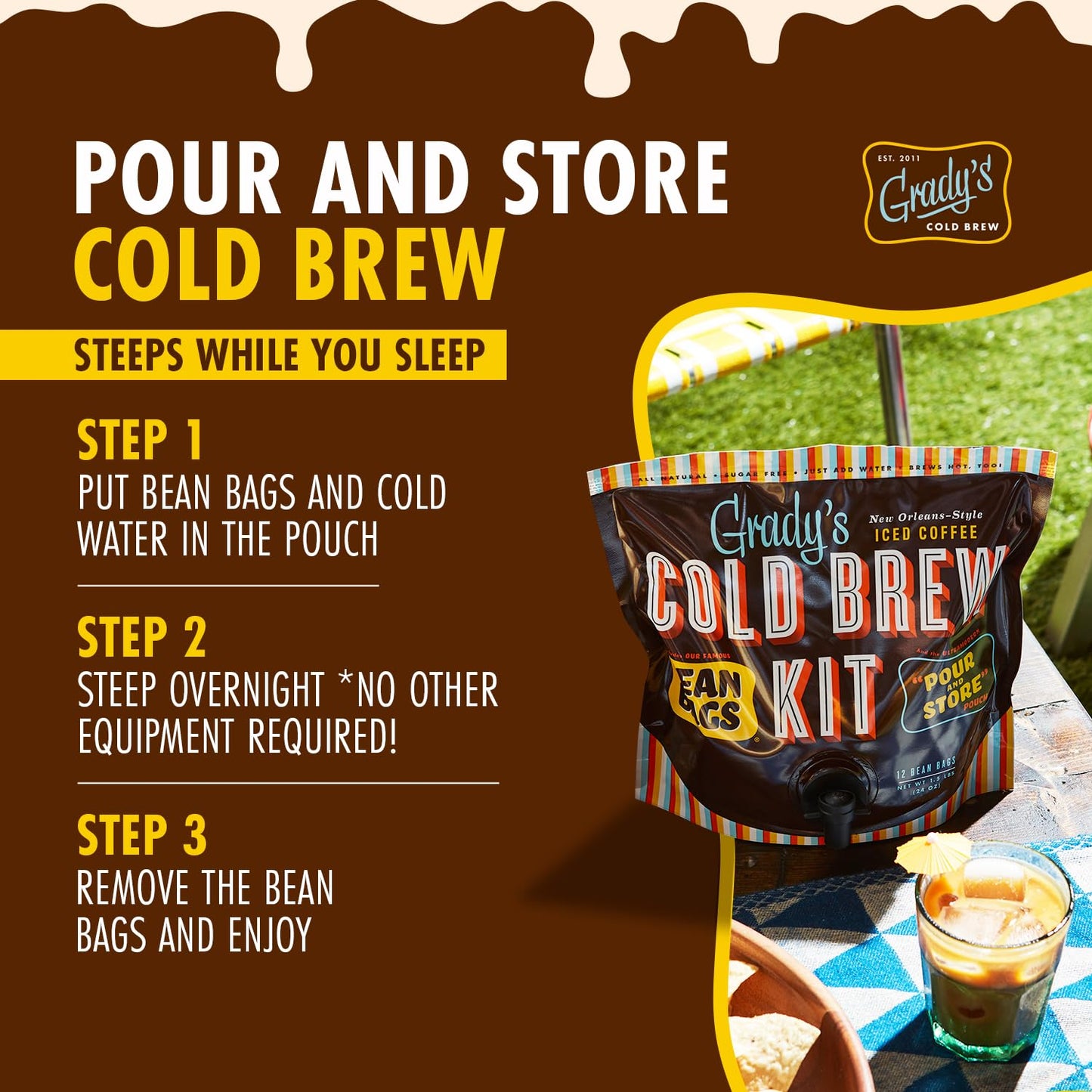 GRADY'S COLD BREW, French Vanilla, 100% Arabica Ground Coffee & Chicory Pouches, All-in-One Cold Brew Kit with 12 Easy-to-Brew Bags, Makes 36 Drinks