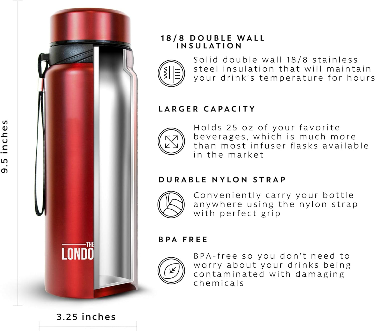 London Sip 25 oz Multi-Function Travel Mug and Tumbler Tea Infuser Water Bottle Fruit Infuser Flask Hot and Cold Double Wall Stainless Steel Coffee Thermos, Sacred Red