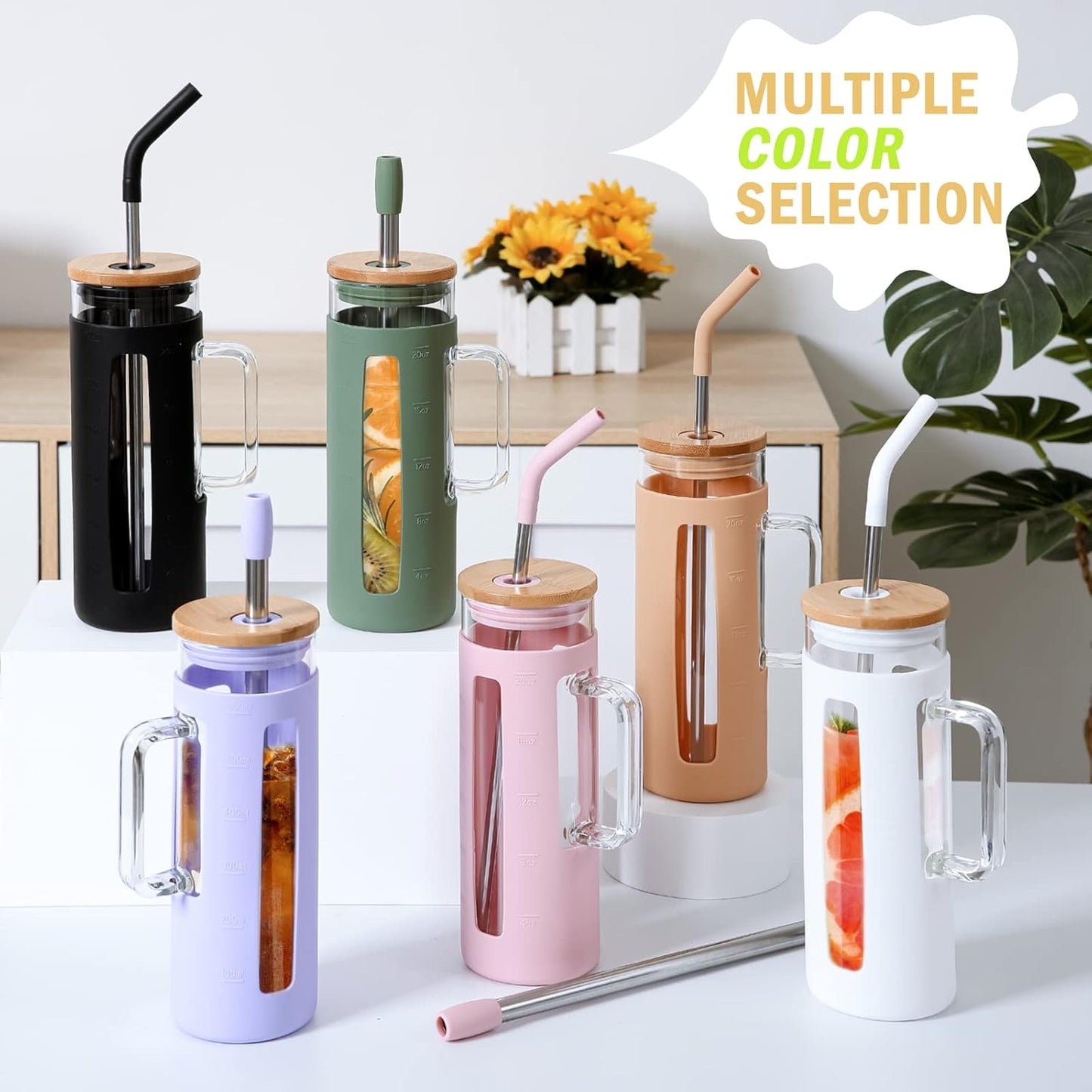 Kodrine Tumbler with Lid and Straw, 20 oz Glass Coffee Tumbler with Handle, Smoothie Cup with Bamboo Lid | Time Marker | Silicone Protective Sleeve, BPA Free - White