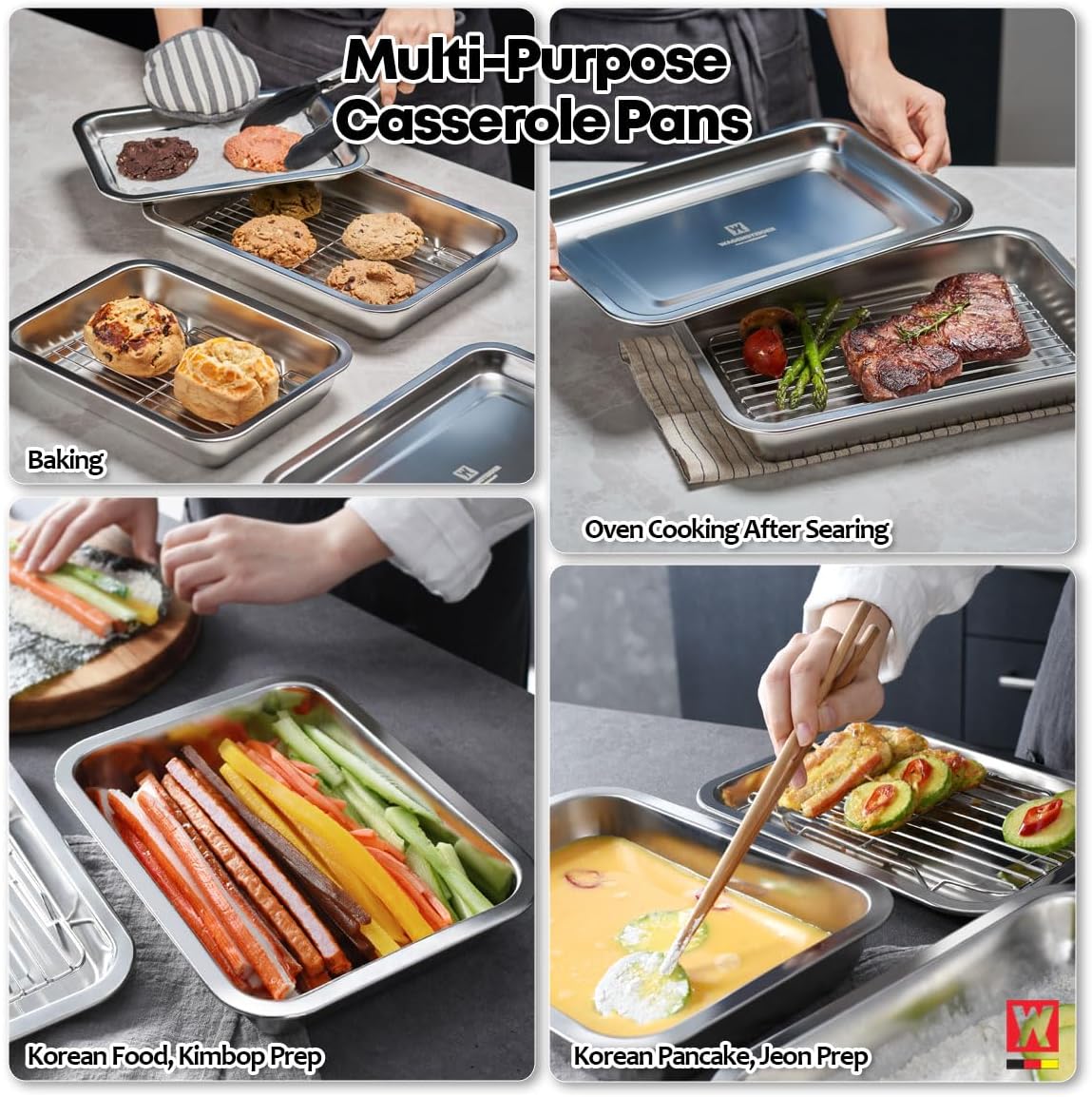 Stainless Steel Food Prep Container with Rack & Lid (Tray), 4.54Quarts, Catering Pans, Restaurant Pans, Buffet Party pan, Roasting Pan with Rack, Bakeware Roaster, Casserole (1307 / No7)