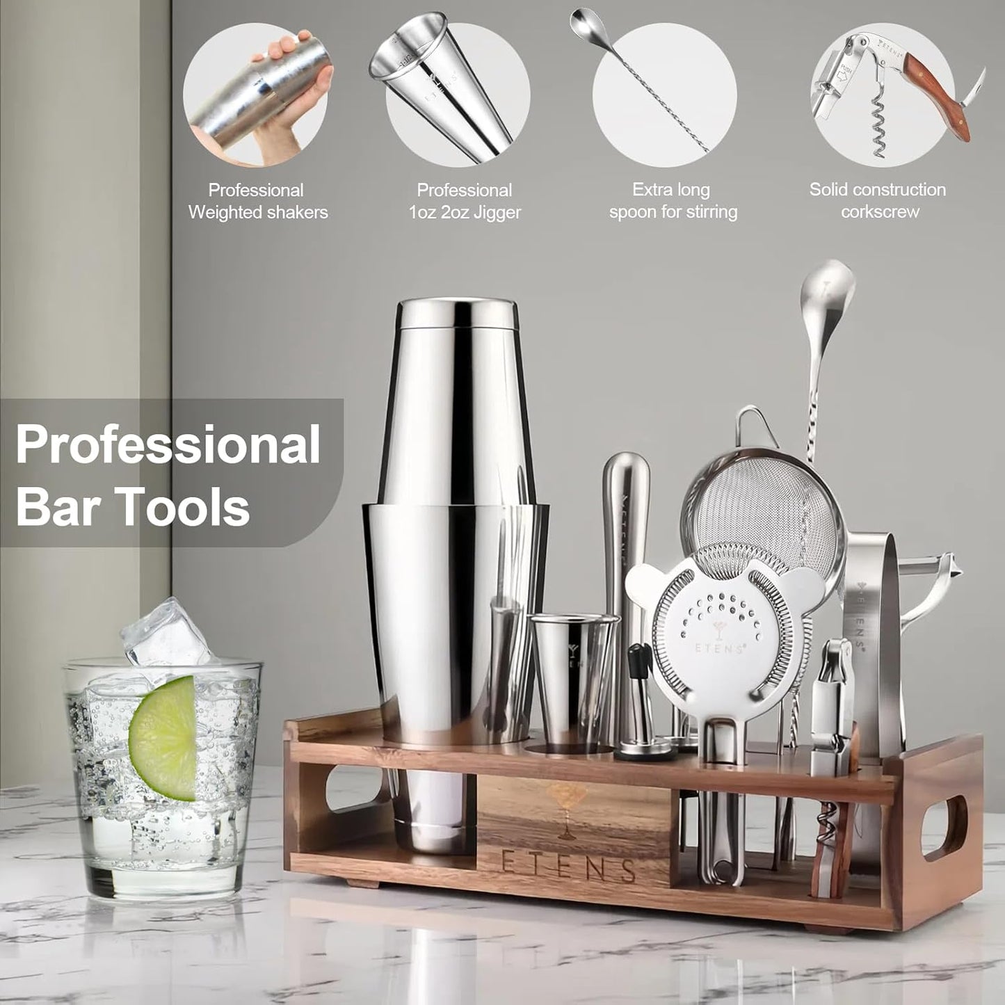 Premium 15-Piece Mixology Bartender Kit – Stainless Steel Cocktail Shaker Set with Wooden Stand | Professional Boston Shaker Bar Tool Set for Home & Expert Mixologists | Luxury Cocktail Making Gift