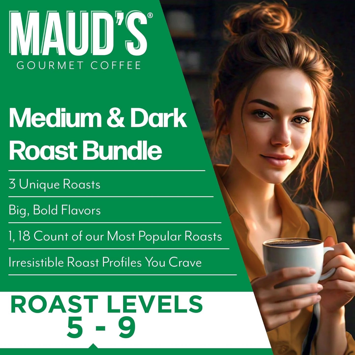 Maud's Dark Roast, Medium Roast & French Roast Coffee Pods Bundle, 54 ct, Recyclable Single Serve Pods – 100% Arabica Coffee, Compatible with Keurig K Cups Maker