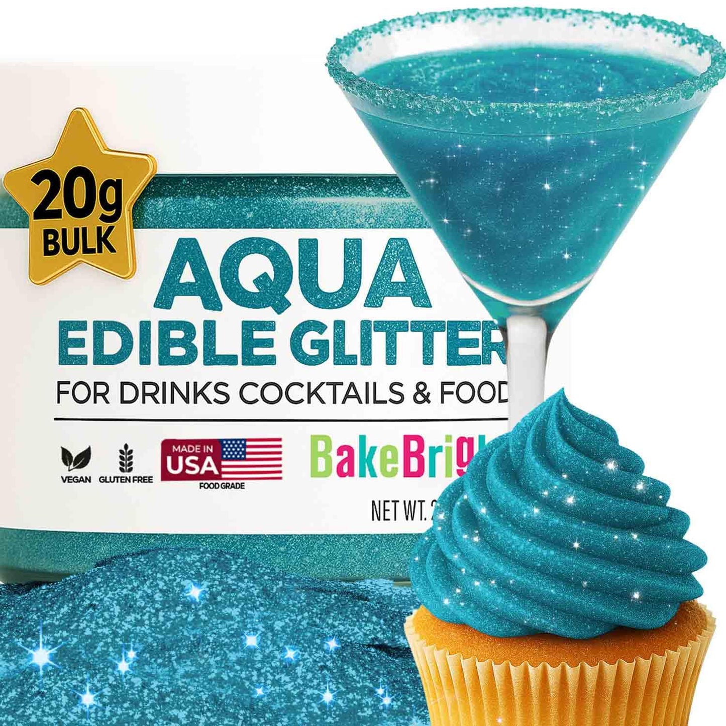 Bulk 20g Light Blue Edible Glitter for Drinks | Premium Edible Glitter for Cakes, Cocktails, Light Blue Cake Decorating Decorations Food Grade, Vegan, Kosher, Halal, Gluten Free - Made in USA