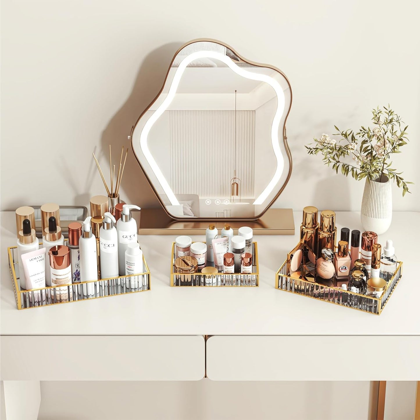 DAWNTREES Glass Vanity Tray, Bathroom Counter & Bedroom Dresser Organizer, Gold Border with Glass Bottom,Jewelry Makeup Perfume Display Trays for Home Decor,Set of 3 (Small, Medium, Large)