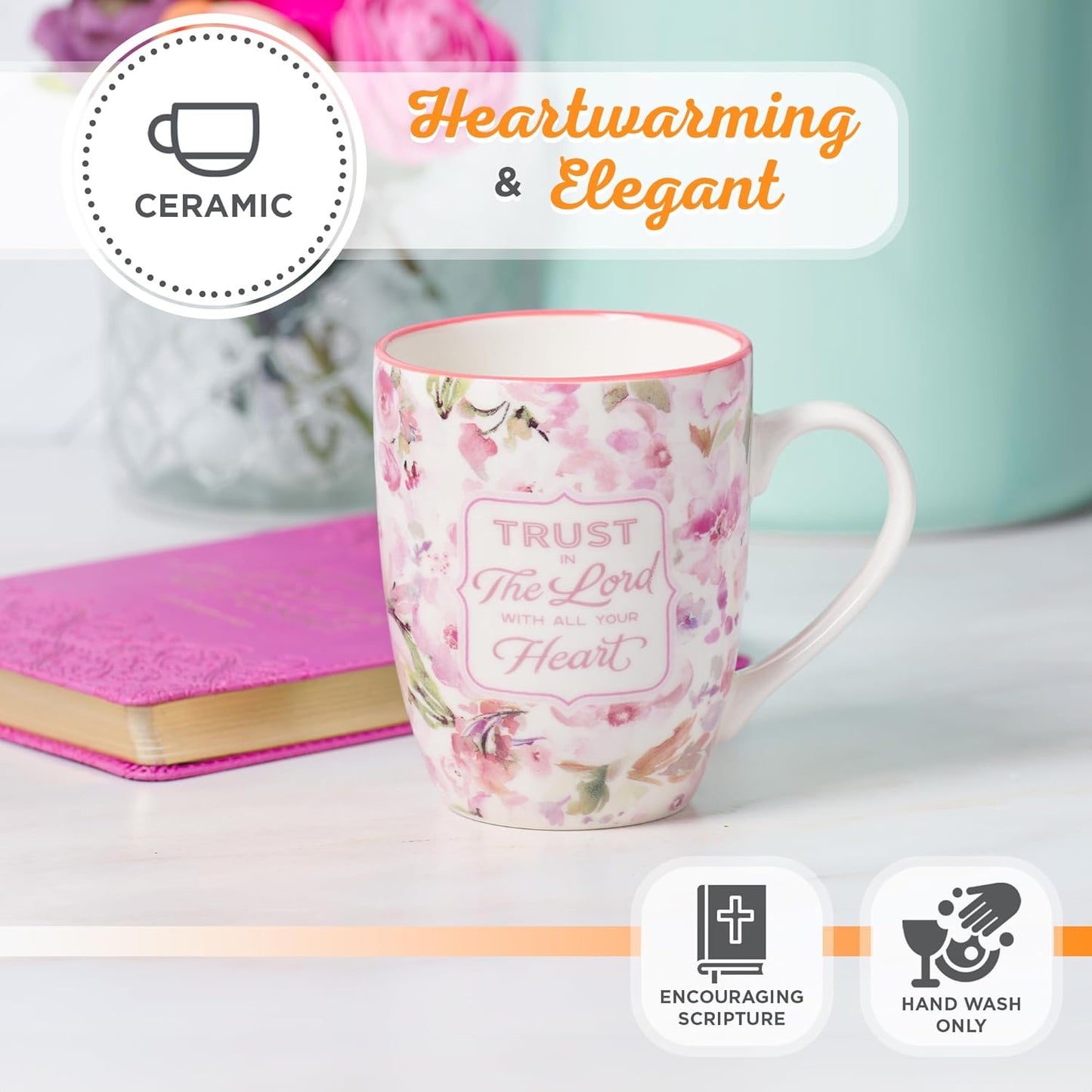 Christian Art Gifts Encouraging Ceramic Coffee & Tea Bible Verse Mug for Women: Trust in the Lord Inspirational Scripture Proverb, Microwave & Dishwasher Safe, White & Pink Watercolor Floral, 12 oz.