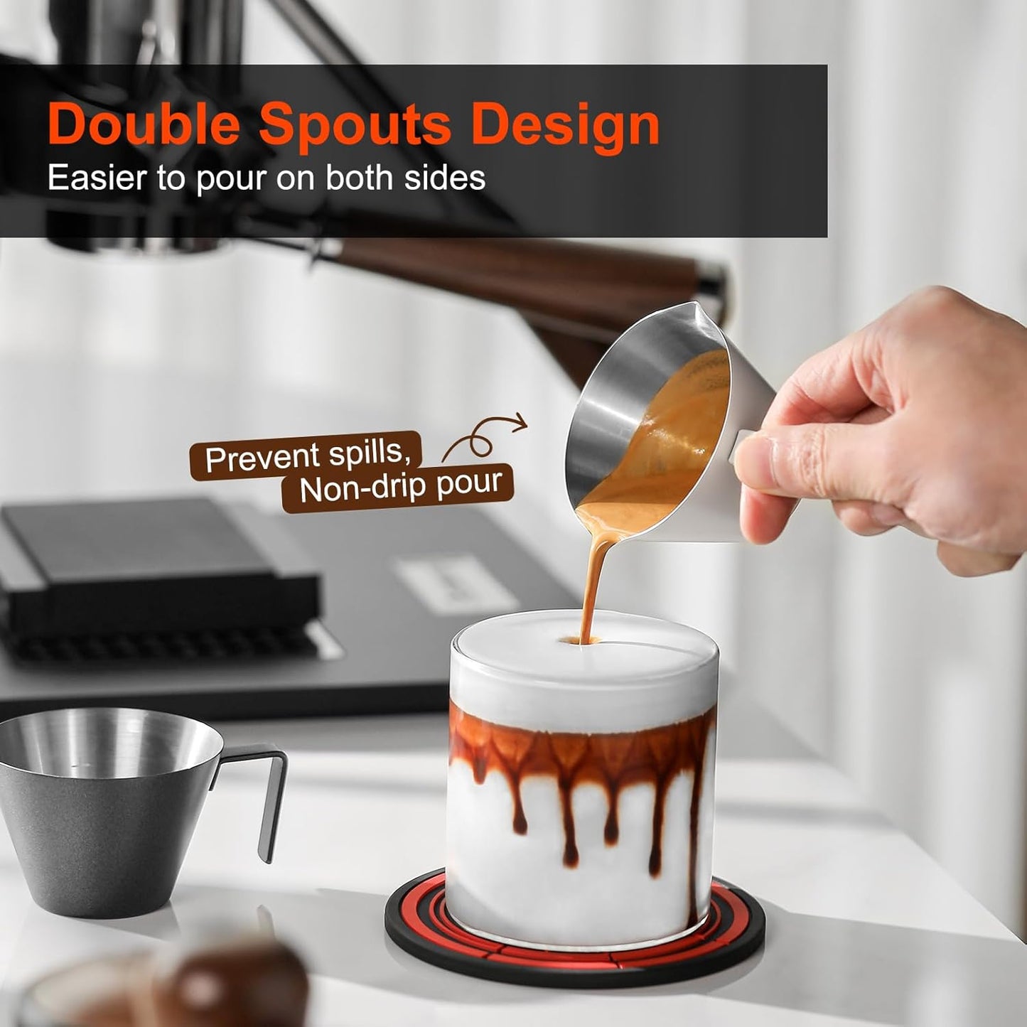 MHW-3BOMBER Espresso Measuring Cups, Double Spouts Stainless Steel Espresso Pour Cup, Espresso Shot Cups with Handle Scale, Metal Measuring Cups with V-Shaped Mouth, 3.4OZ/100ML Yellow G5670-OS