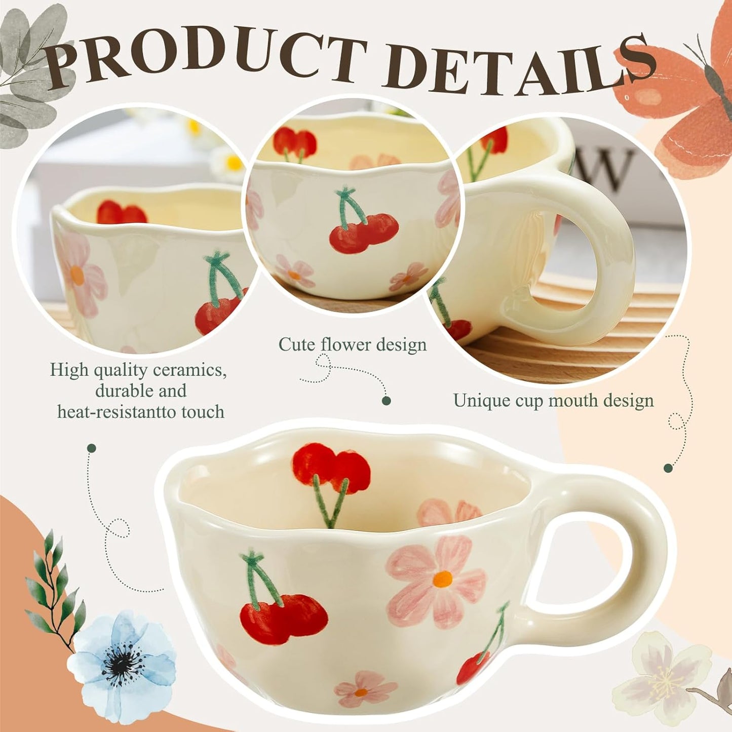 Vesici 2 Pcs Ceramic Coffee Mugs Flower Cups with Spoon Vintage Floral Mugs with Handle 8.5 oz Aesthetic Tea Porcelain Cup Gift for Valentine Office Home, Dishwasher and Microwave Safe(Fresh)