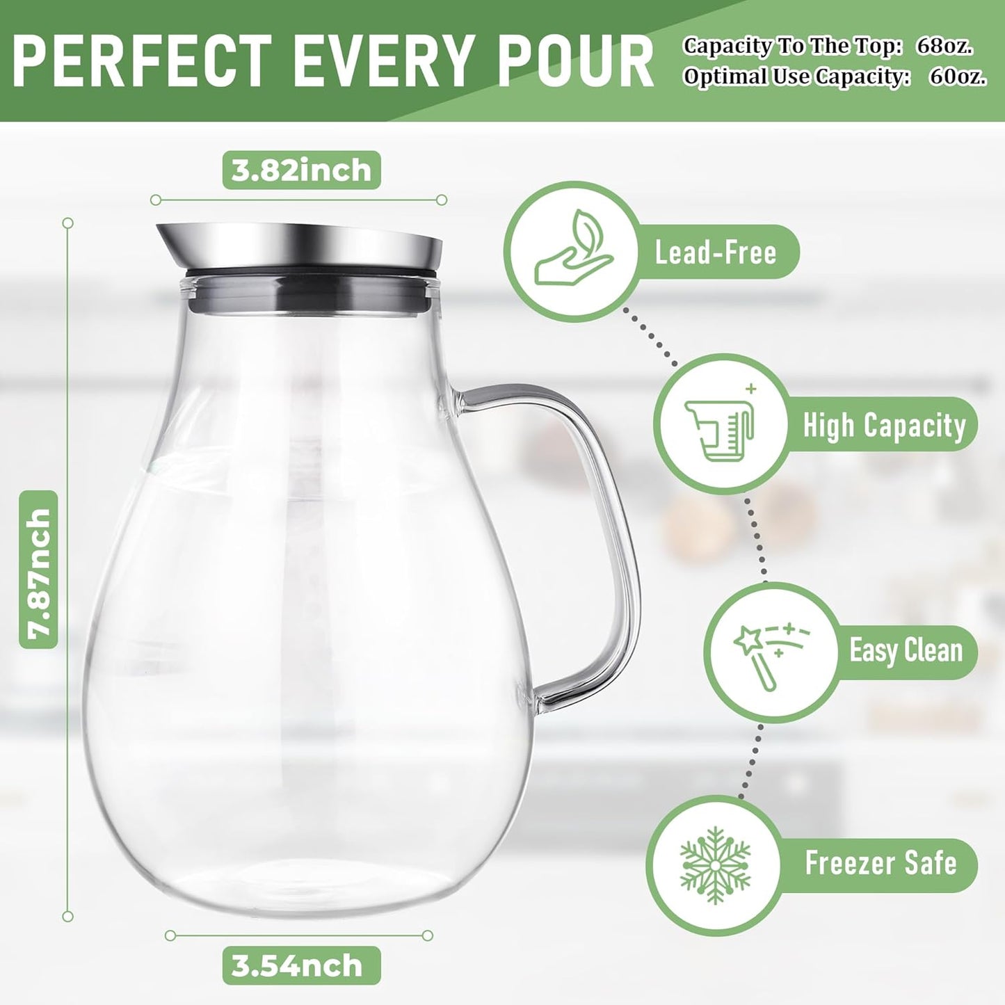 SUSTEAS 2 Liter Glass Pitcher, Water Pitcher with Removable Lid And Wide Handle, Easy Clean Juice Jug for Fridge, Beverage Carafe for Cold/Hot Water, Iced Tea, 1 Long-Handled Brush Included
